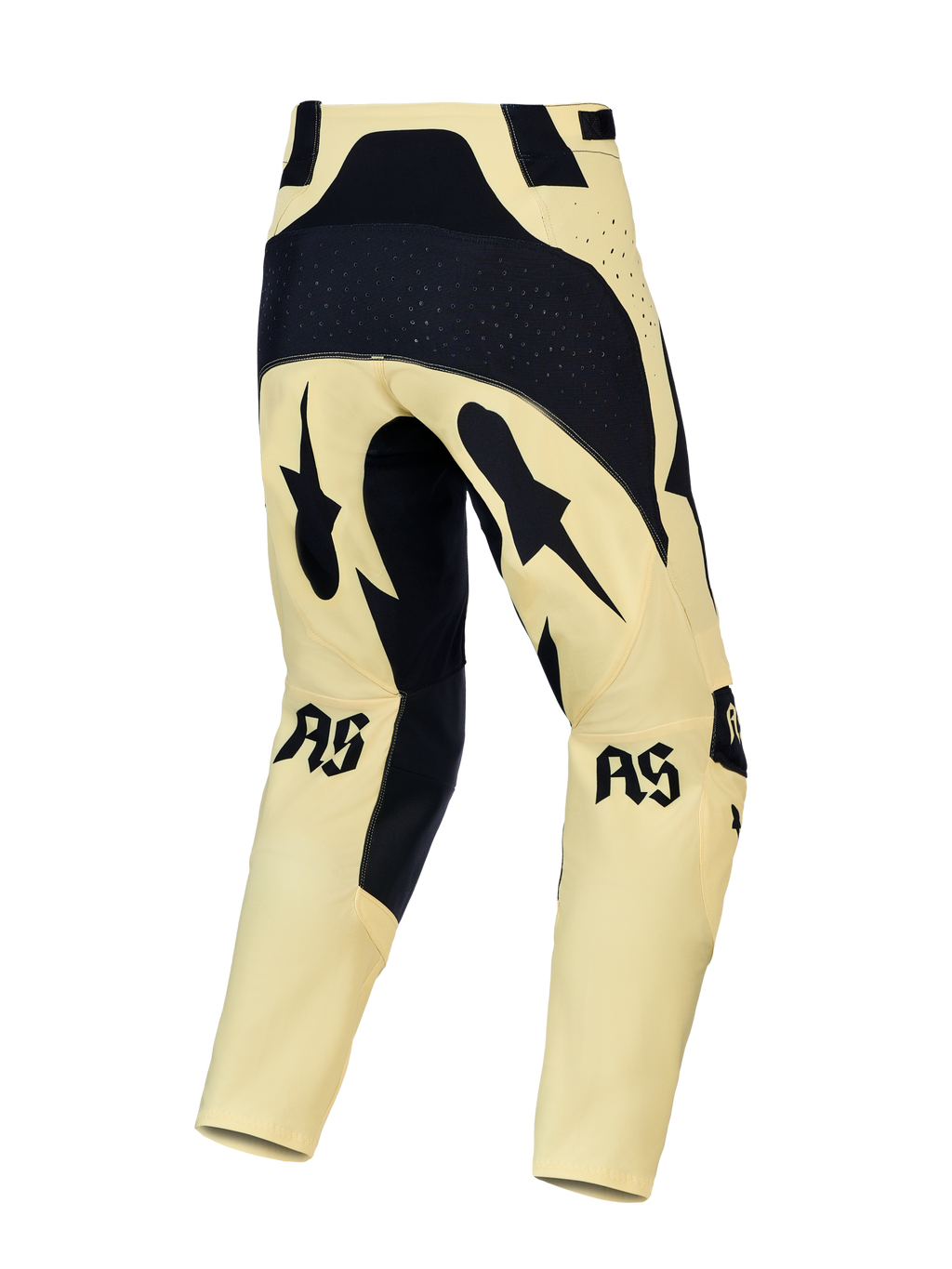 Alpinestars Techstar Atrox motocrossbyxor, gula och svarta, vy bakifrån med laserperforeringar och förstärkt säte.