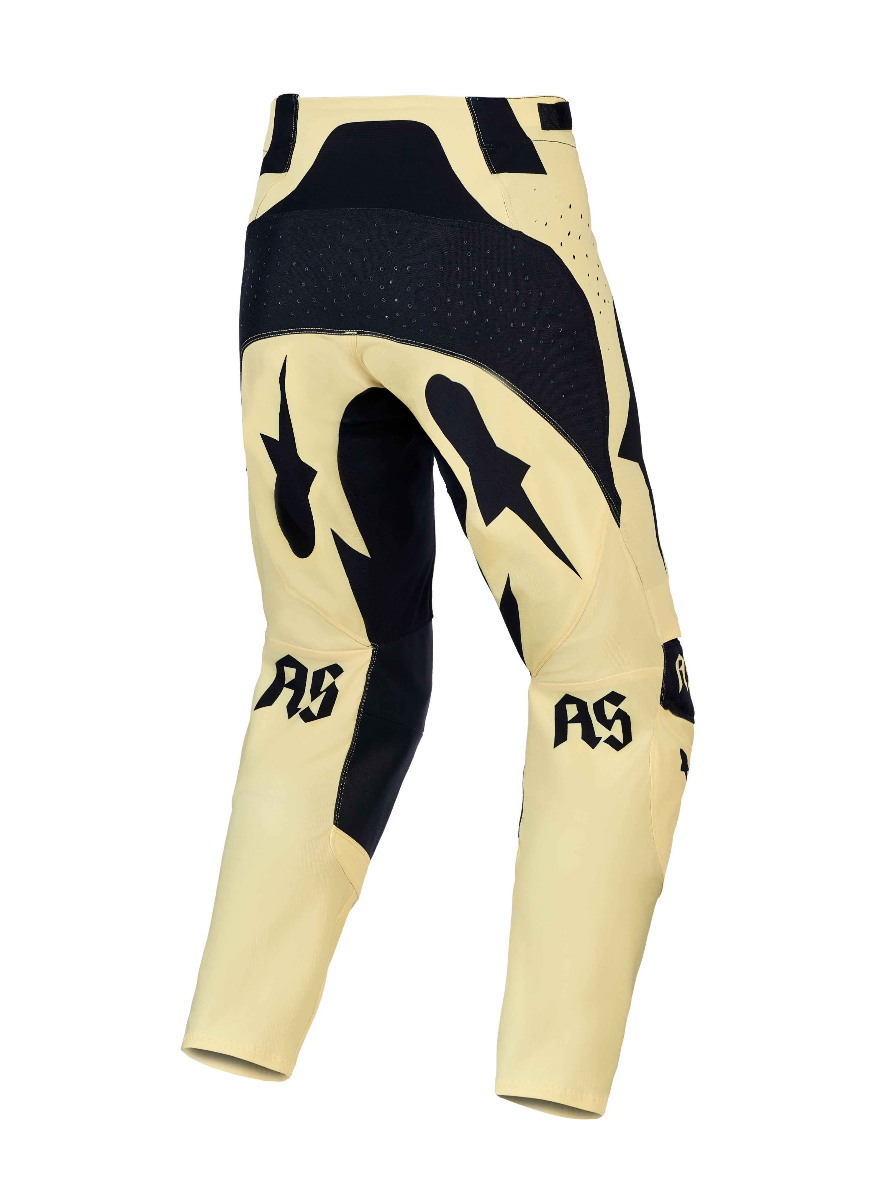 Alpinestars Techstar Atrox motocrossbyxor, gula och svarta, vy bakifrån med laserperforeringar och förstärkt säte.