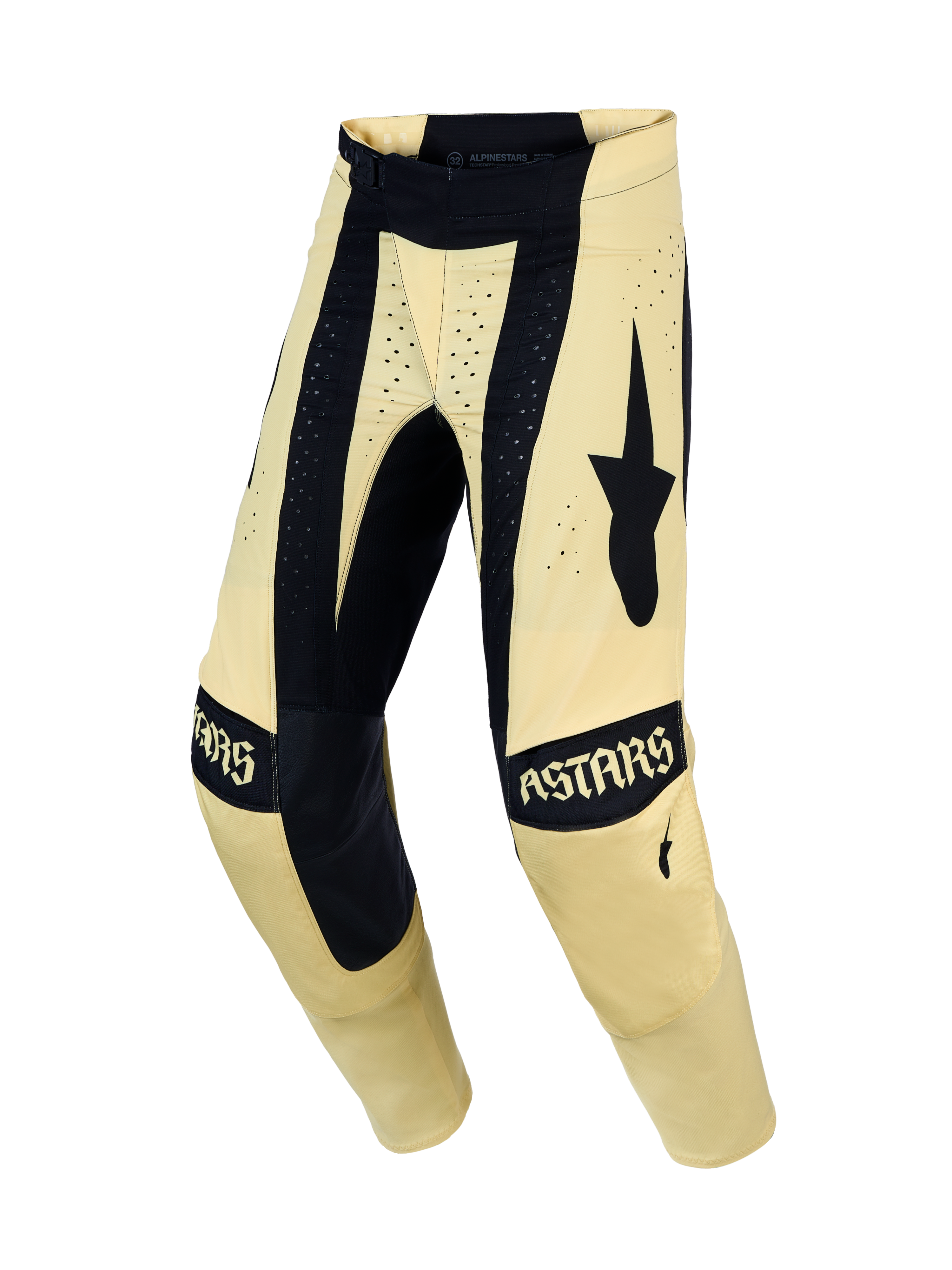 Alpinestars Techstar Atrox motocrossbyxor för herr, svarta och krämvita, laserutskuren ventilation för terrängkörning.