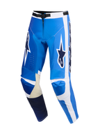 Alpinestars 2026 Racer Air Portl Pants, Motocross Pants, Ucla Blue and White, featuring perforated poly-fabric for ventilation, tan leather inner knee patches, bold Astars logos, and a sporty pre-curved design for off-road performance.