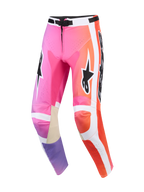 Alpinestars 2026 Racer Air Portl byxor, motocrossbyxor, rosa, orange och lila flerfärgade, med vita sidopaneler, svarta Alpinestars-logotyper, perforerade zoner för ventilation och beige läderförstärkningar på insidan av knäna.