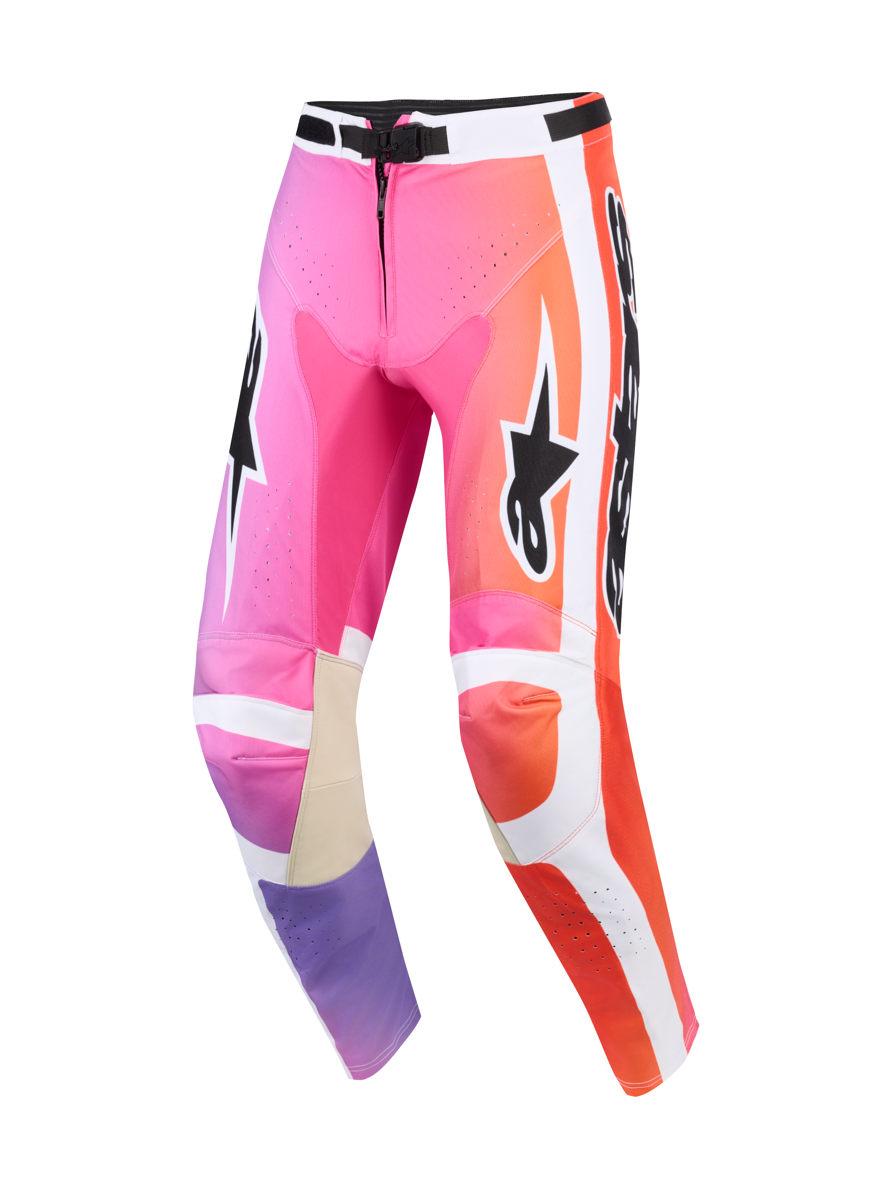 Alpinestars 2026 Racer Air Portl byxor, motocrossbyxor, rosa, orange och lila flerfärgade, med vita sidopaneler, svarta Alpinestars-logotyper, perforerade zoner för ventilation och beige läderförstärkningar på insidan av knäna.