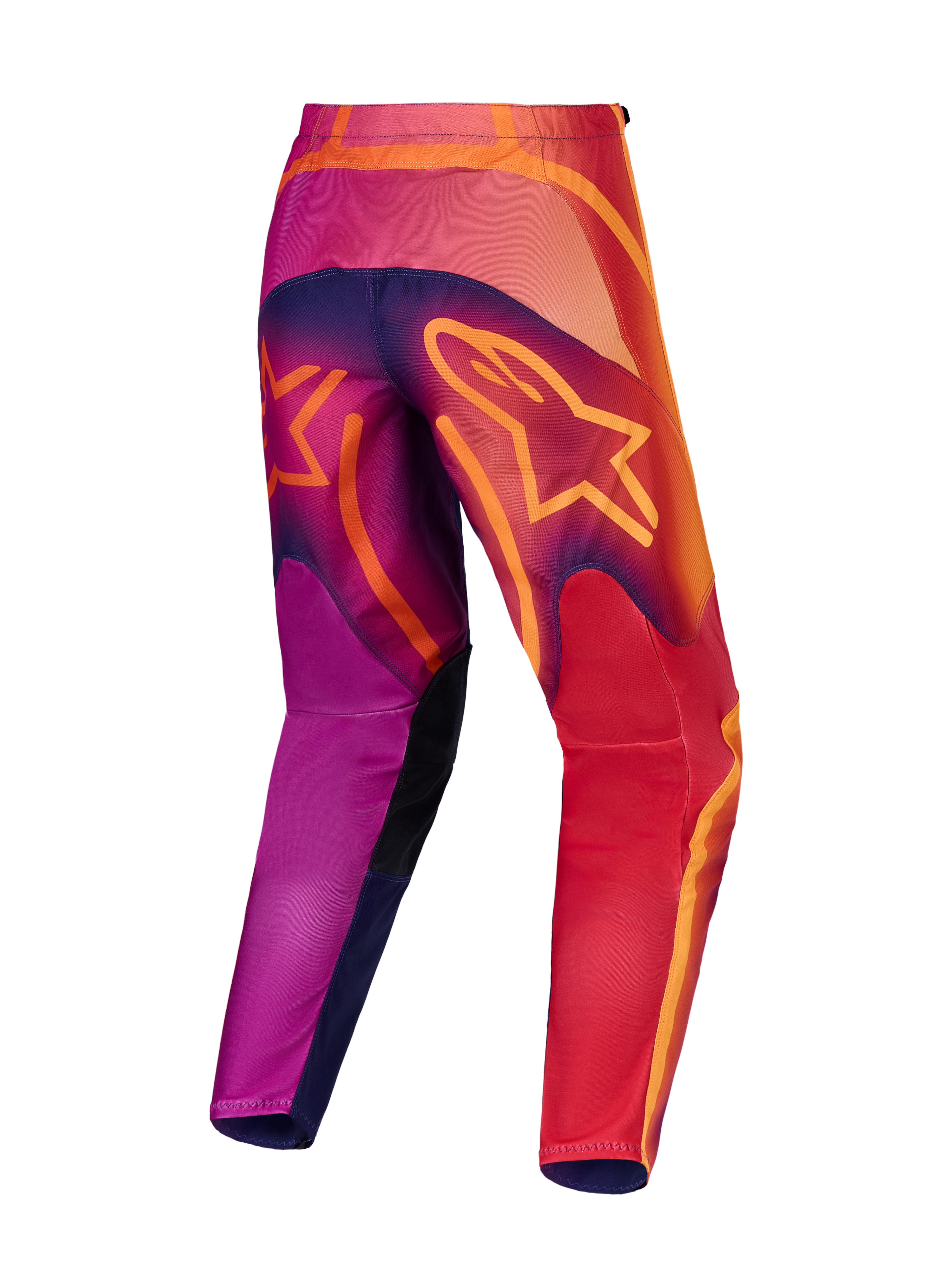 Alpinestars Fluid Kepler motocrossbyxor för herr, vy bakifrån, lila och orange, slitstarkt 600D polytyg med ergonomisk sportpassform