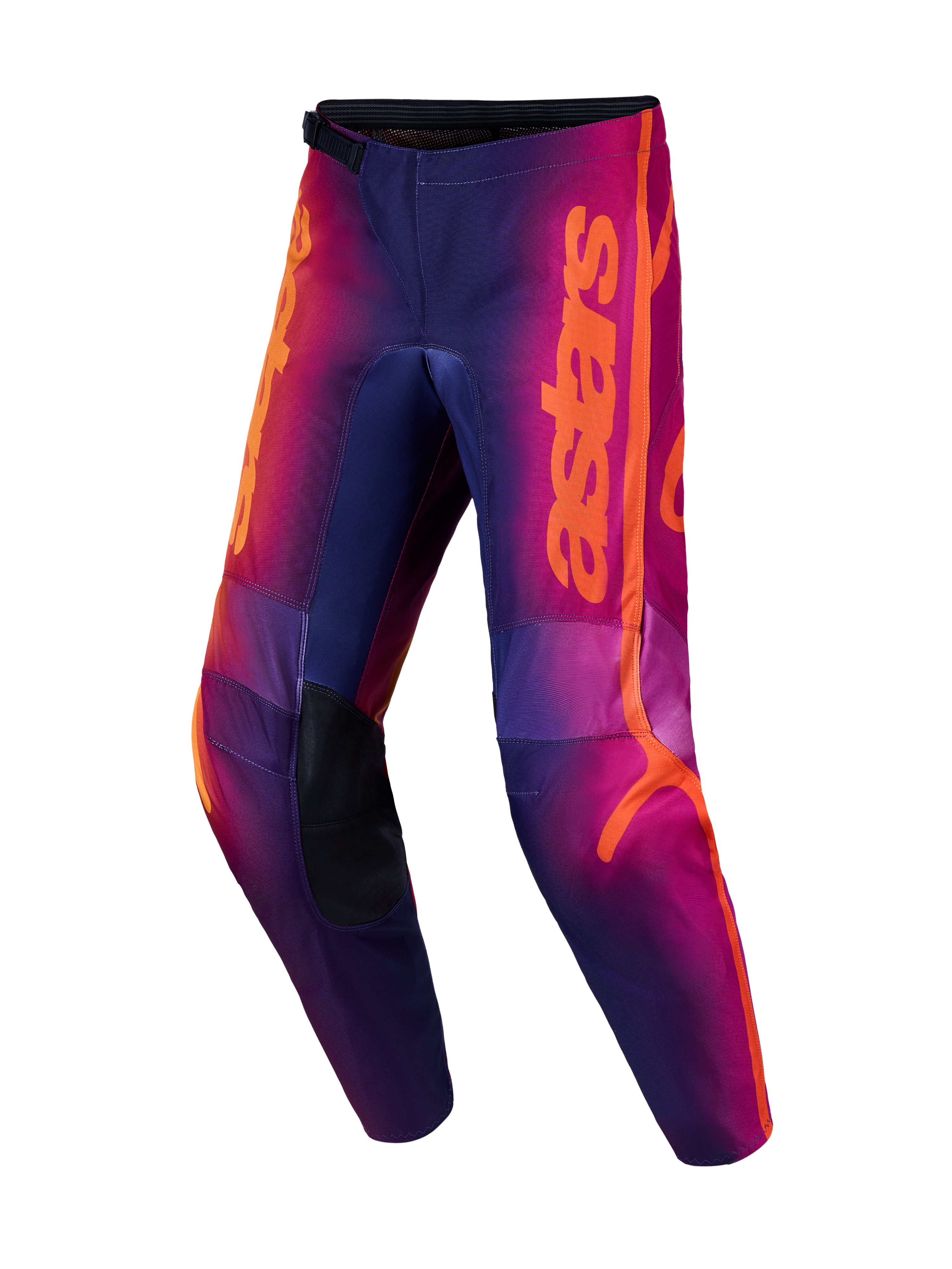 Alpinestars Fluid Kepler byxor, lila och orange motocrossbyxor med förstärkta knän och ergonomisk 3D-skärning.