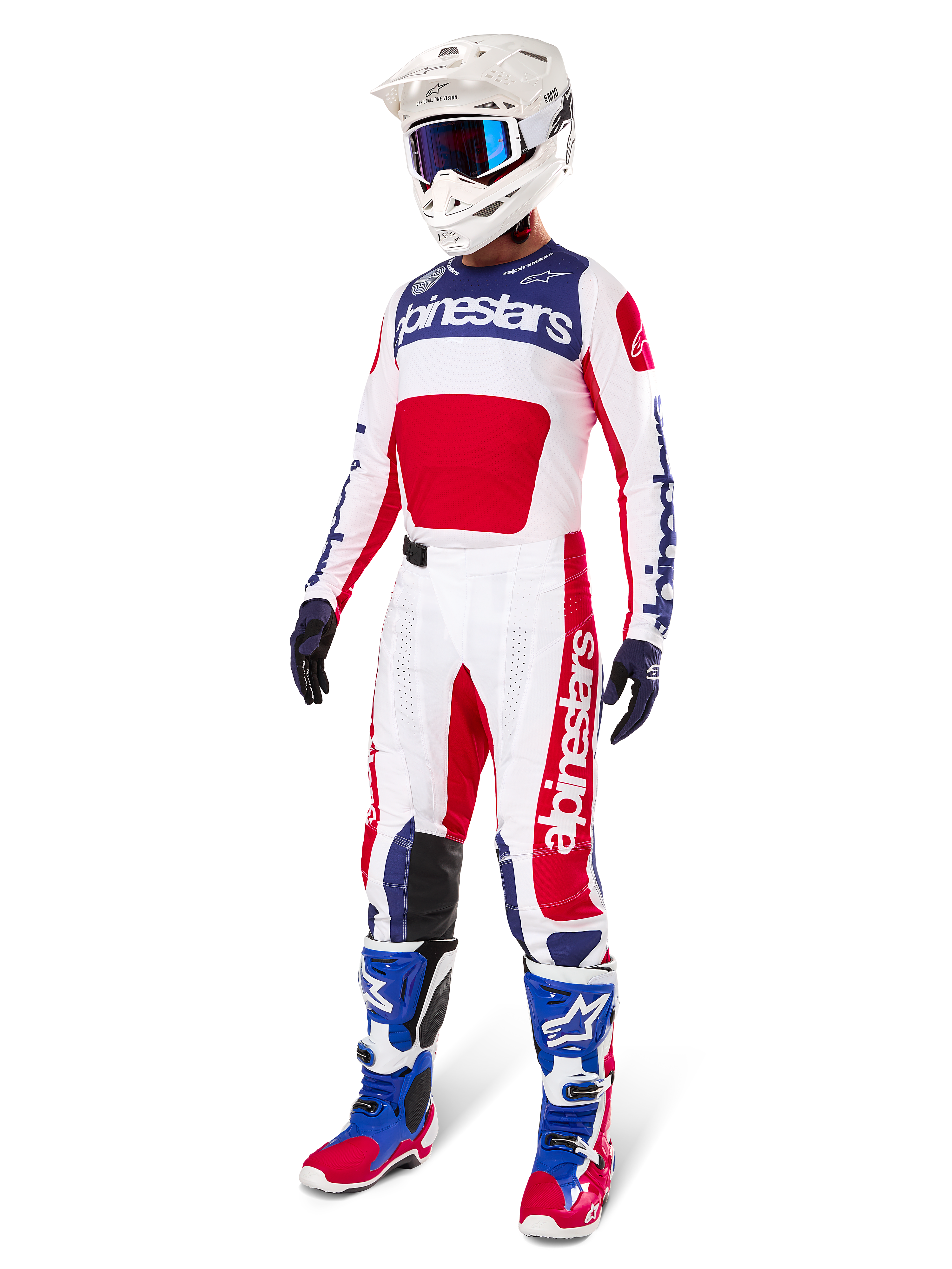 Alpinestars Limited Edition Techstar Fortitude Pants, Motocross gear set, Red White and Blue, worn with matching jersey, white helmet, blue goggles, and blue and red boots, coordinated professional racing outfit for off-road competition