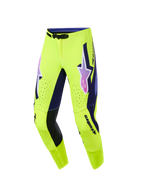 Alpinestars 2026 Supertech Vista Pants, Motocross Pants, Bright Yellow with Purple and Black accents, featuring a pink and purple gradient Alpinestars logo on the thighs, laser-cut perforations for ventilation, and an athletic race-fit design for off-road performance.