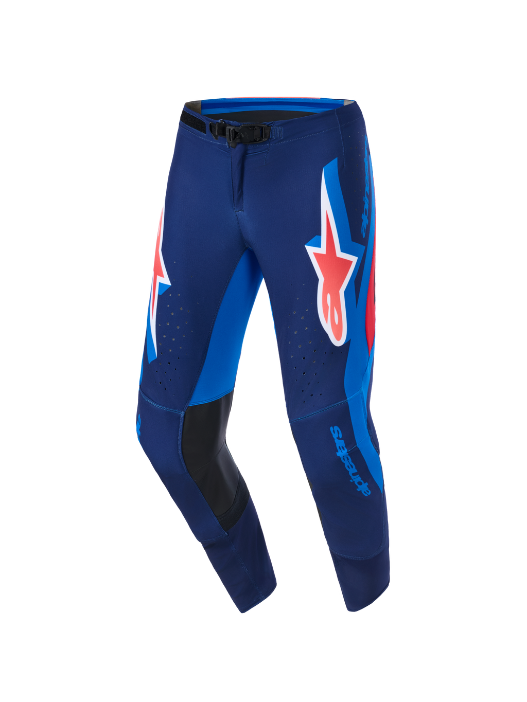Alpinestars 2026 Supertech Vista byxor, motocrossbyxor, Dark Navy Hot Coral Cobalt, med en stor korallfärgad Astars-logotyp på låren, klarblå sidopaneler, svarta läderförstärkningar på knänas insida och laserutskurna perforeringar för ventilation, designade för elitprestanda vid tävling.