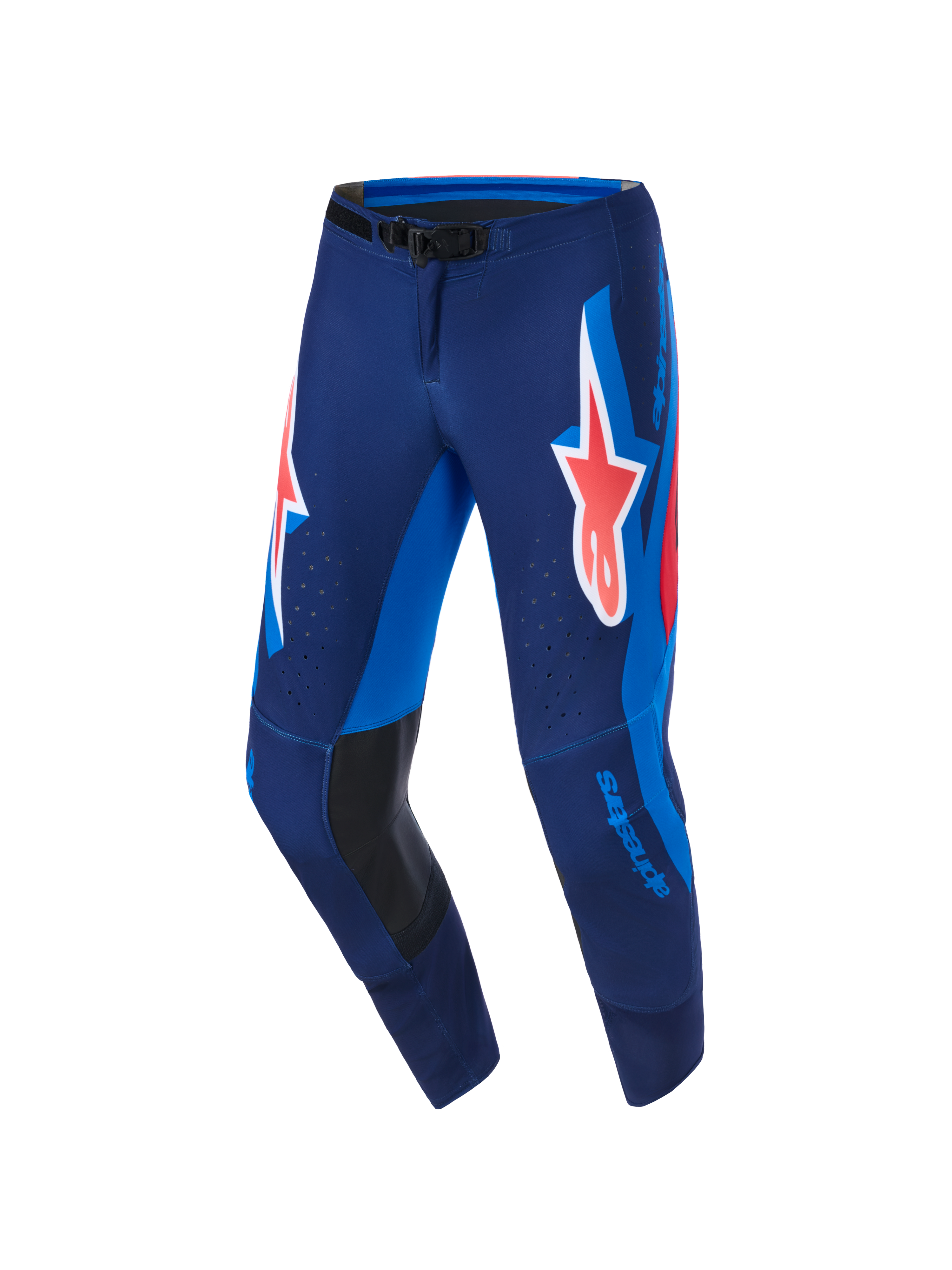Alpinestars 2026 Supertech Vista byxor, motocrossbyxor, Dark Navy Hot Coral Cobalt, med en stor korallfärgad Astars-logotyp på låren, klarblå sidopaneler, svarta läderförstärkningar på knänas insida och laserutskurna perforeringar för ventilation, designade för elitprestanda vid tävling.