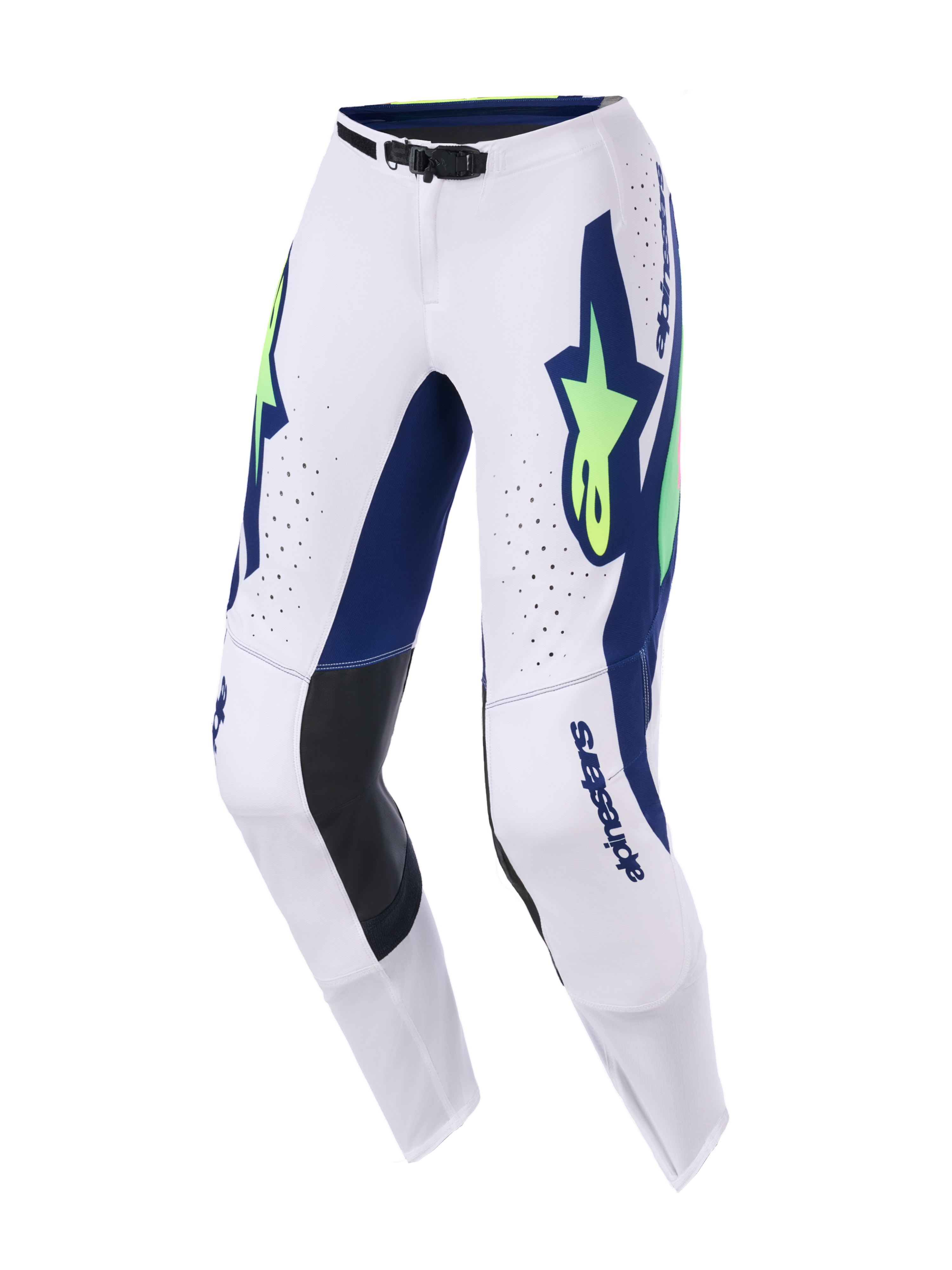 Alpinestars 2026 Supertech Vista byxor, motocrossbyxor, ljusgrå med kraftfull blå grafik och neongula stjärnlogotyper, svarta läderpaneler på insidan av knäna, laserskurna ventilationshål och en strömlinjeformad atletisk passform för terrängkörning.