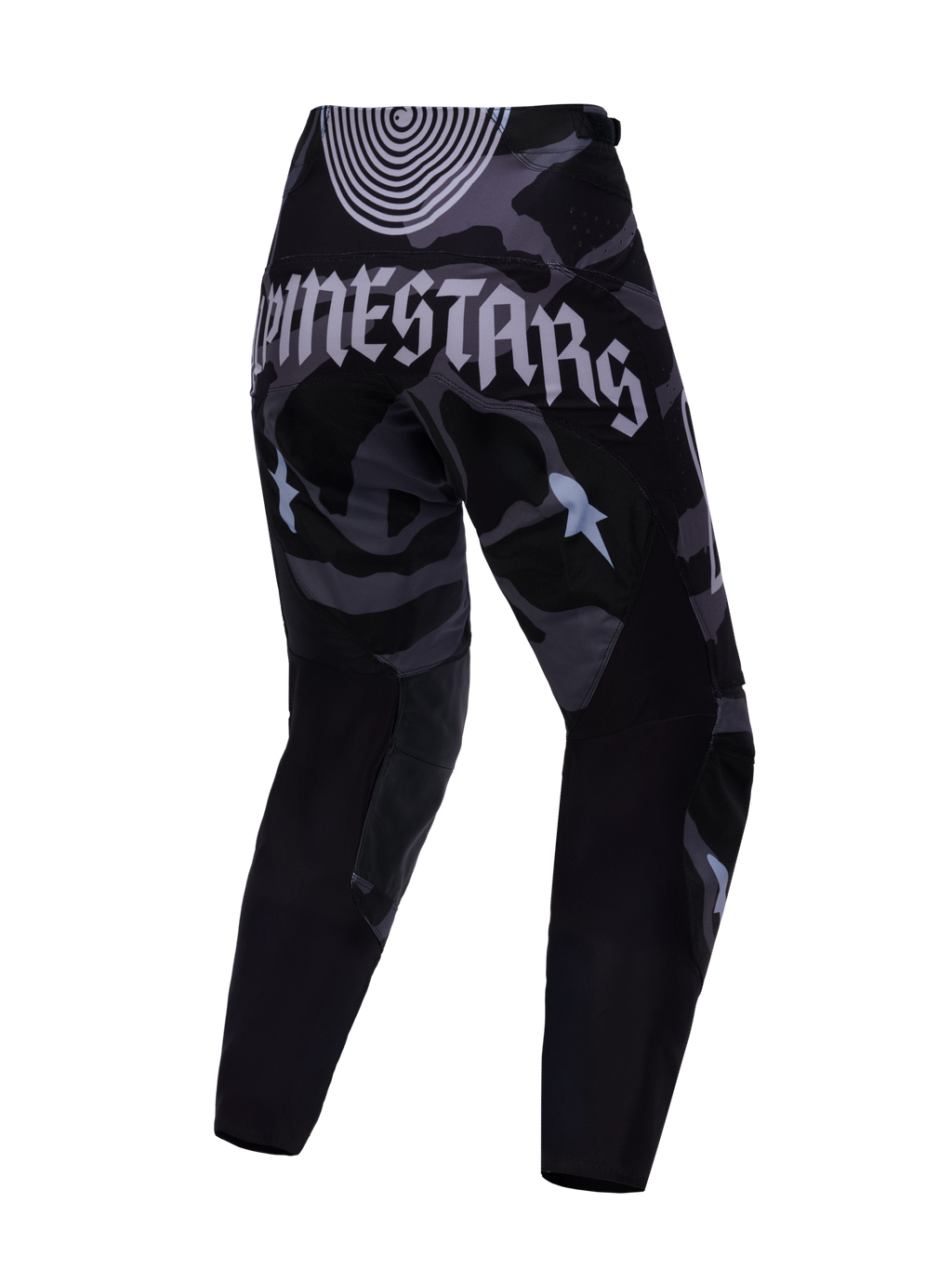 Begränsad Upplaga Techstar Beast Coast Byxor, svart och grå camo med gotisk Alpinestars-logotyp på baksidan.