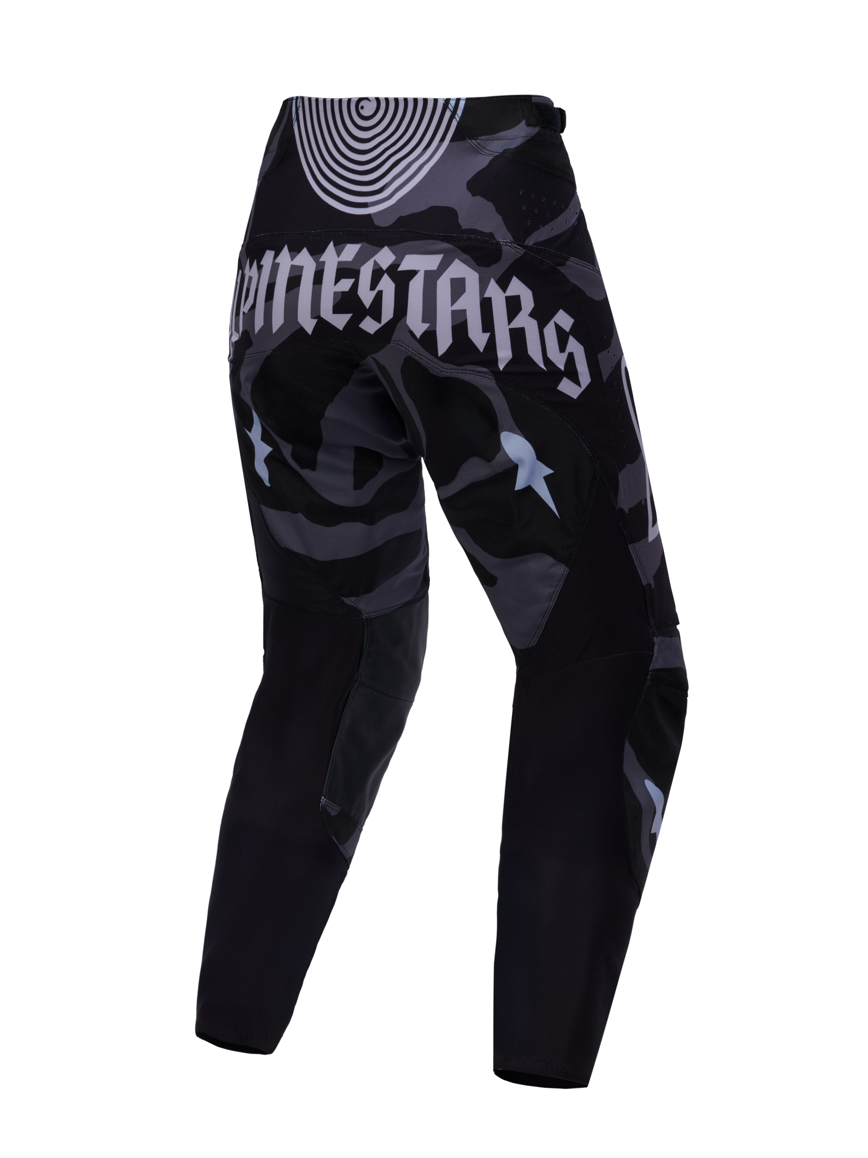 Begränsad Upplaga Techstar Beast Coast Byxor, svart och grå camo med gotisk Alpinestars-logotyp på baksidan.