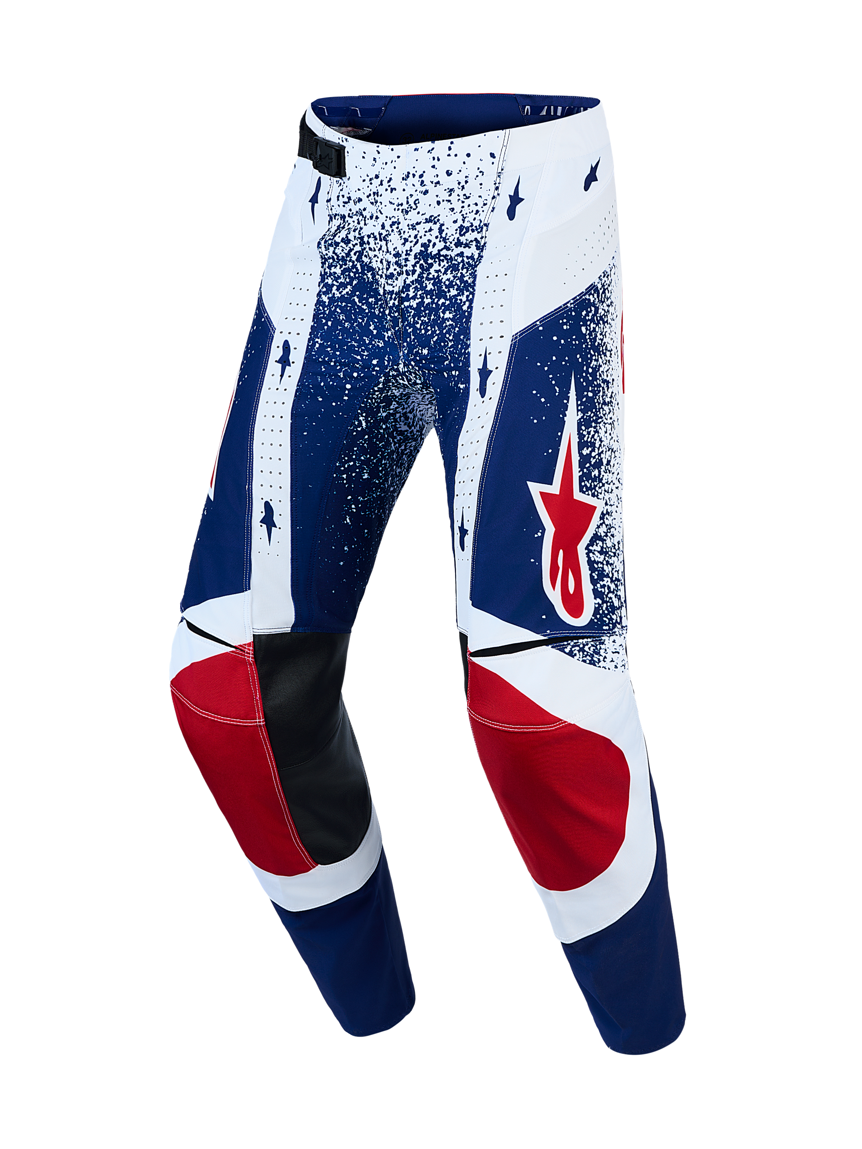 Alpinestars Limited Edition Techstar Unity Pants, blue and white motocross racing pants with red star accents.