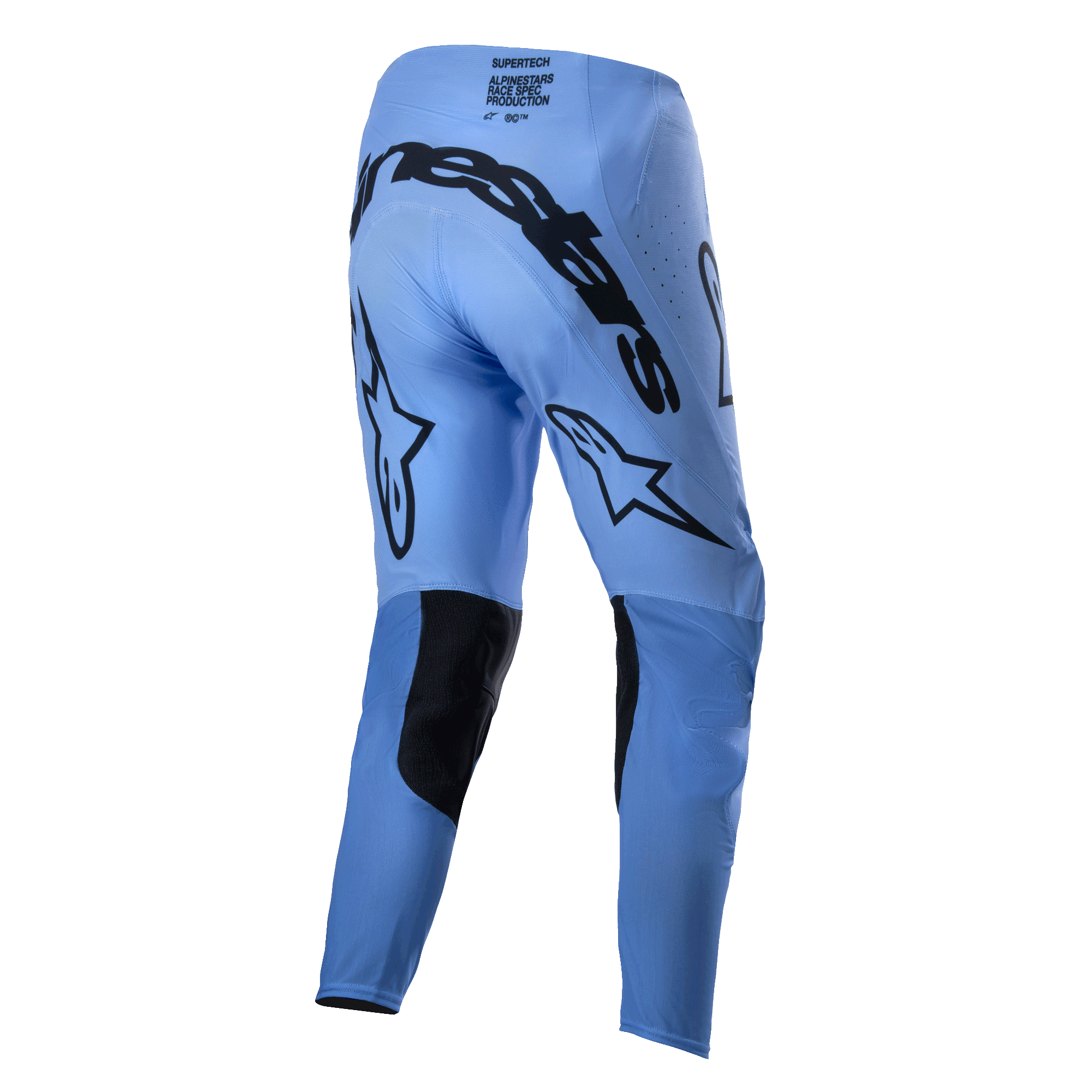 Alpinestars 2024 Supertech Dade byxor, motocrossbyxor, ljusblå, vy bakifrån som visar stor svart Alpinestars-logotyp över sätet, stjärnlogotyper på baksidan av benen, svarta förstärkta inre knäpaneler och perforerade ventilationszoner.
