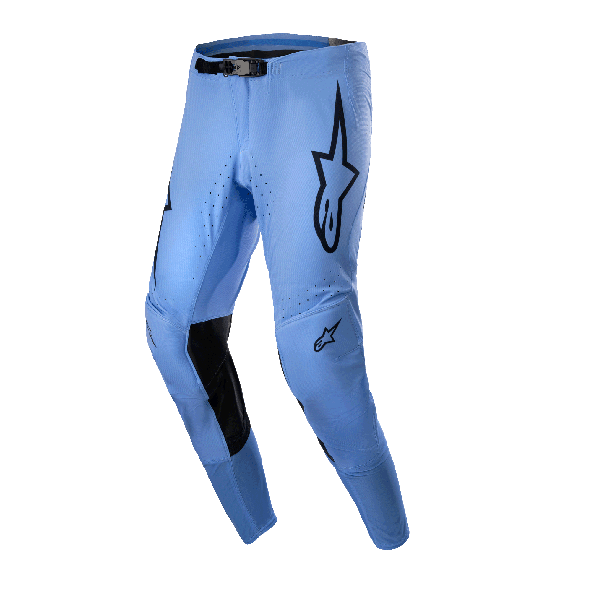 Alpinestars 2024 Supertech Dade byxor, motocrossbyxor, ljusblå med svarta stjärnlogotyper på låren, svarta inre knäförstärkningar, perforerade ventilationshål, atletisk tävlingspassform för terrängkörning