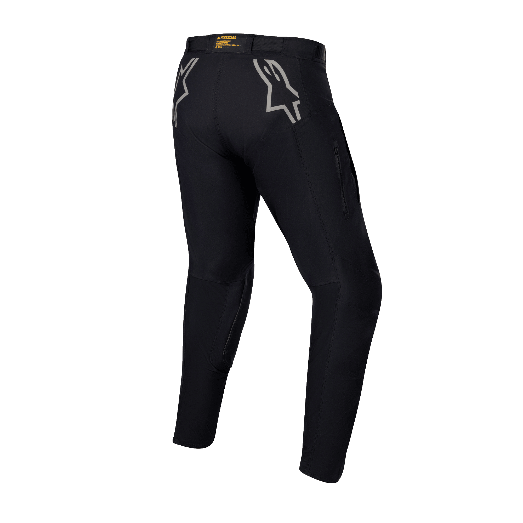 Alpinestars Techdura Pants, Black Enduro and Off-Road Pants, rear view featuring grey star logos on the hips, yellow branding on the back waistband, rugged stretch polyamide material with a durable design for motorcycle riding