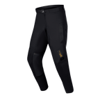 Alpinestars 2024 Techdura Pants, Enduro Off-Road Pants, Solid Black, featuring rugged stretch polyamide construction, goat leather inner knee panels, magnetic SX2 buckle belt, and technical branding labels.