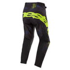 Alpinestars 2024 Techstar Rantera-byxor, motocrossbyxor, svarta, marinblå och gul fluo, sedda bakifrån med framträdande logotyp i gul fluo på sätet, marinblå mönstrade paneler och tekniskt svart tyg för prestanda vid terrängkörning