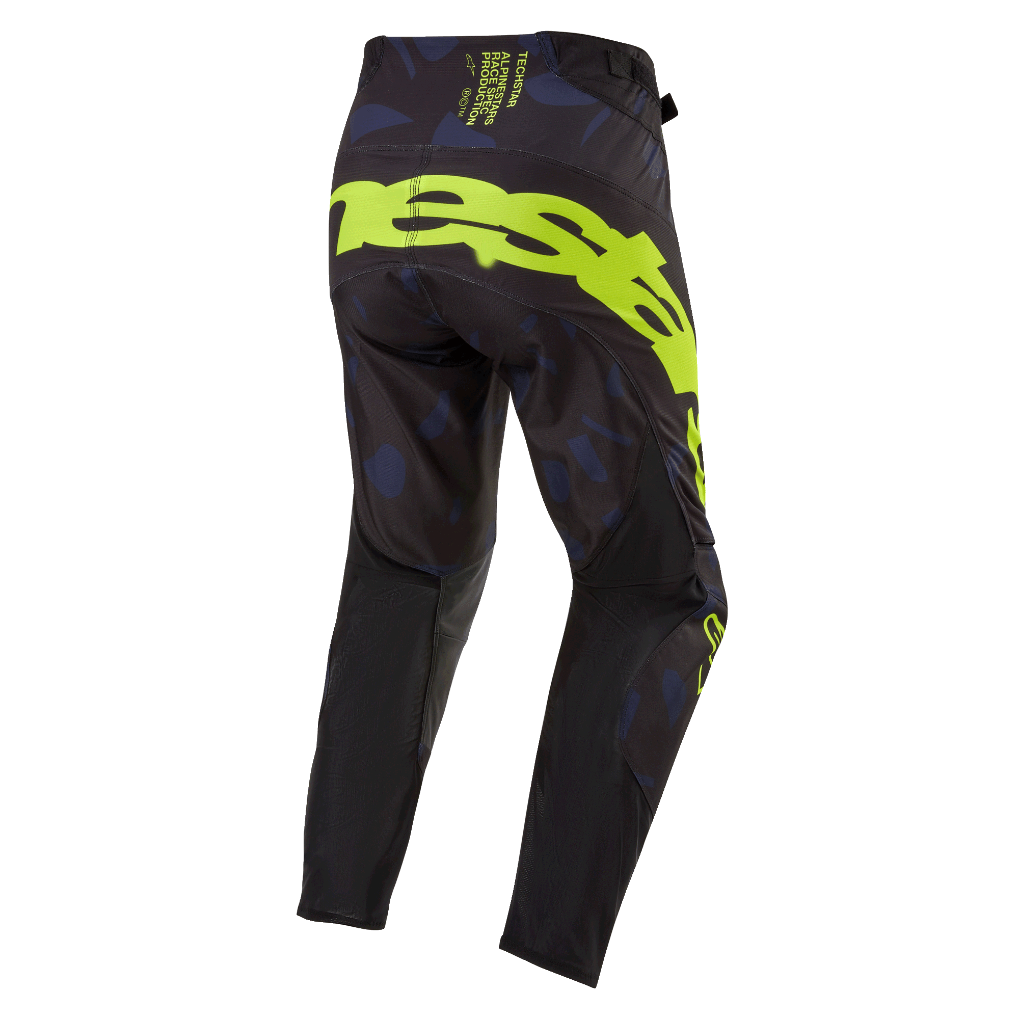 Alpinestars 2024 Techstar Rantera-byxor, motocrossbyxor, svarta, marinblå och gul fluo, sedda bakifrån med framträdande logotyp i gul fluo på sätet, marinblå mönstrade paneler och tekniskt svart tyg för prestanda vid terrängkörning