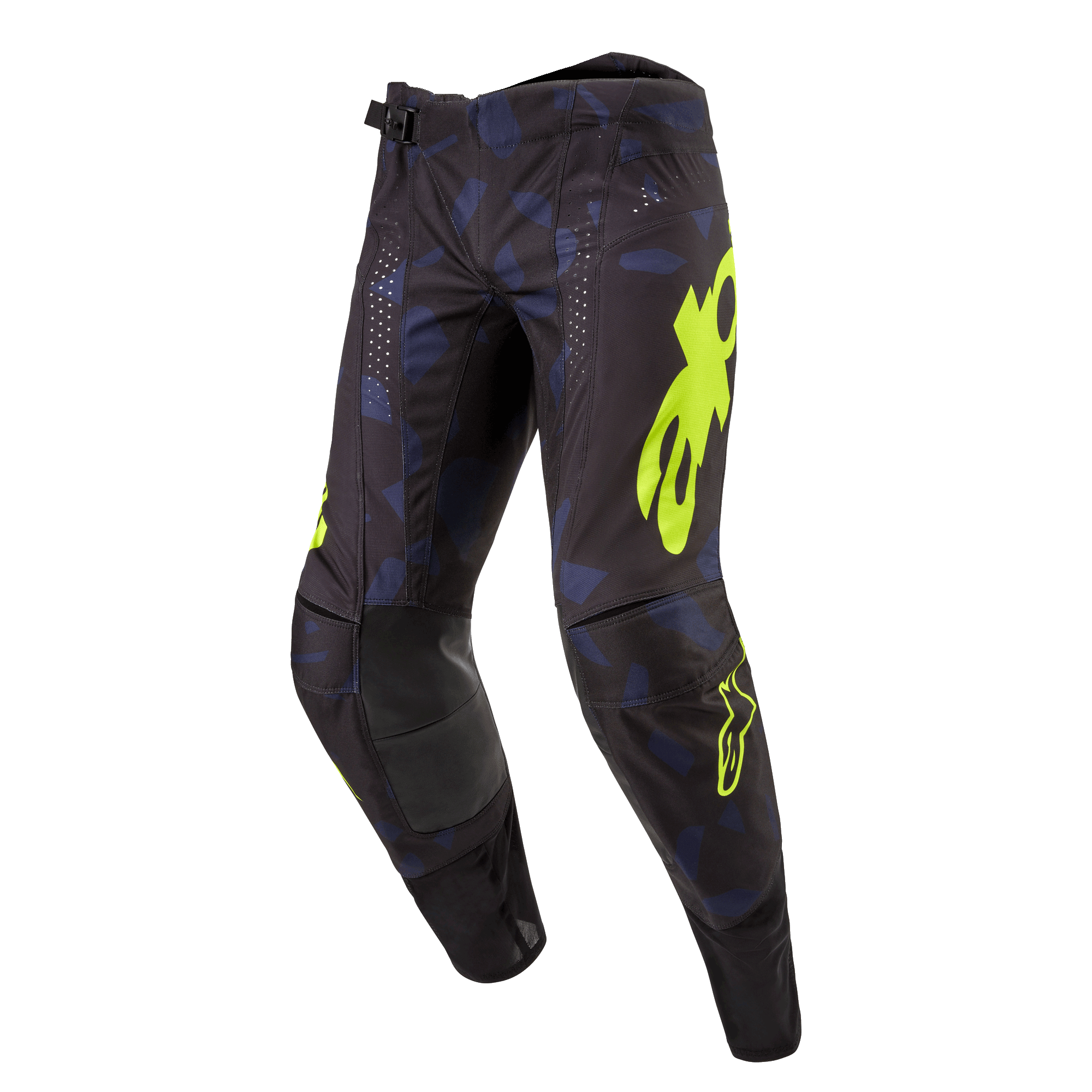 Alpinestars 2024 Techstar Rantera byxor, motocrossbyxor, svarta, marinblå och neongula, med framträdande gul logotyp, laserperforeringar för luftflöde och förstärkta knäpaneler, racinginspirerad design för motocrossprestanda