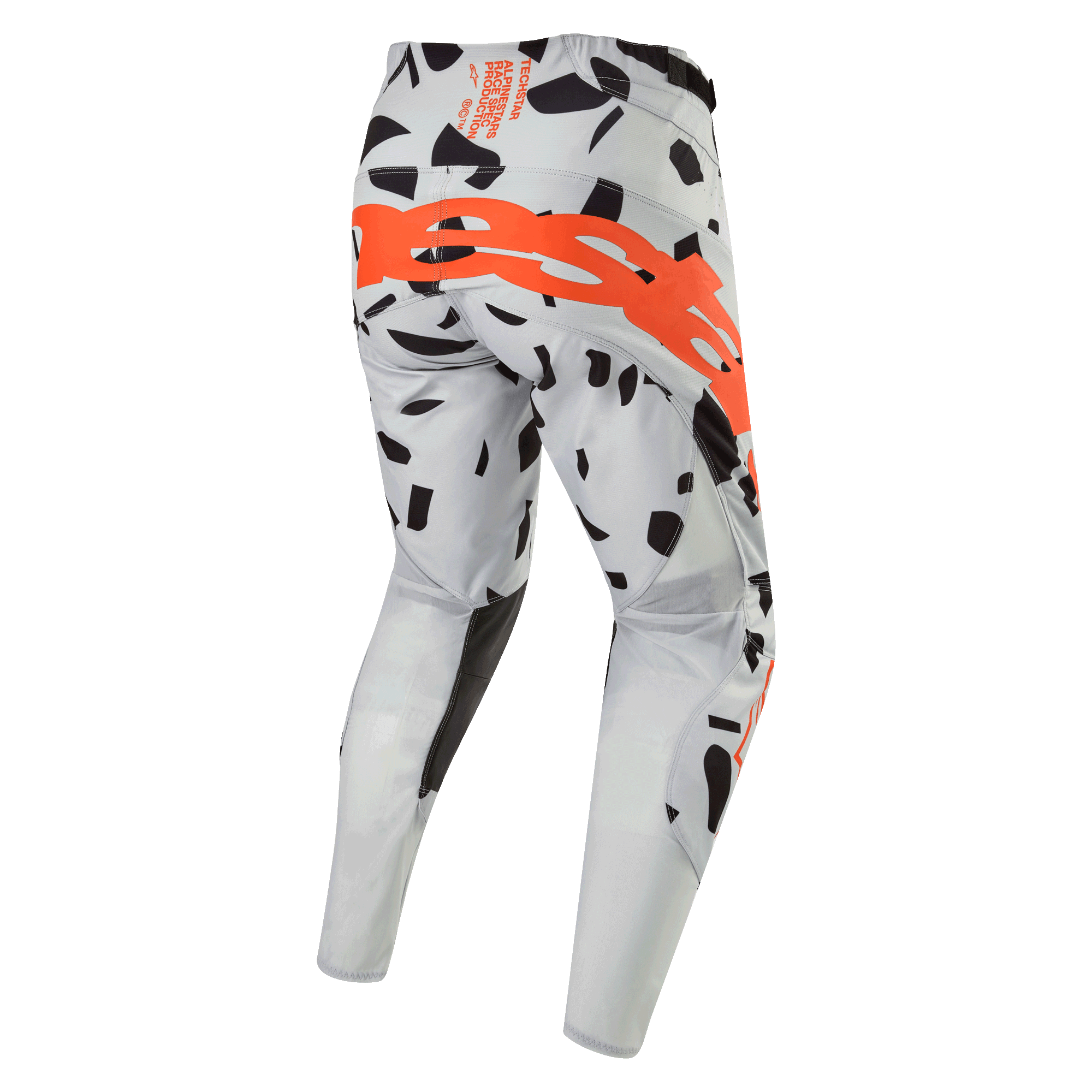 Alpinestars 2024 Techstar Rantera byxor, motocrossbyxor, Haze Gray Camo, vy bakifrån som visar en stor orange logotyp över sätet, svarta grafiska mönster på grått tyg, atletisk design för terrängkörning