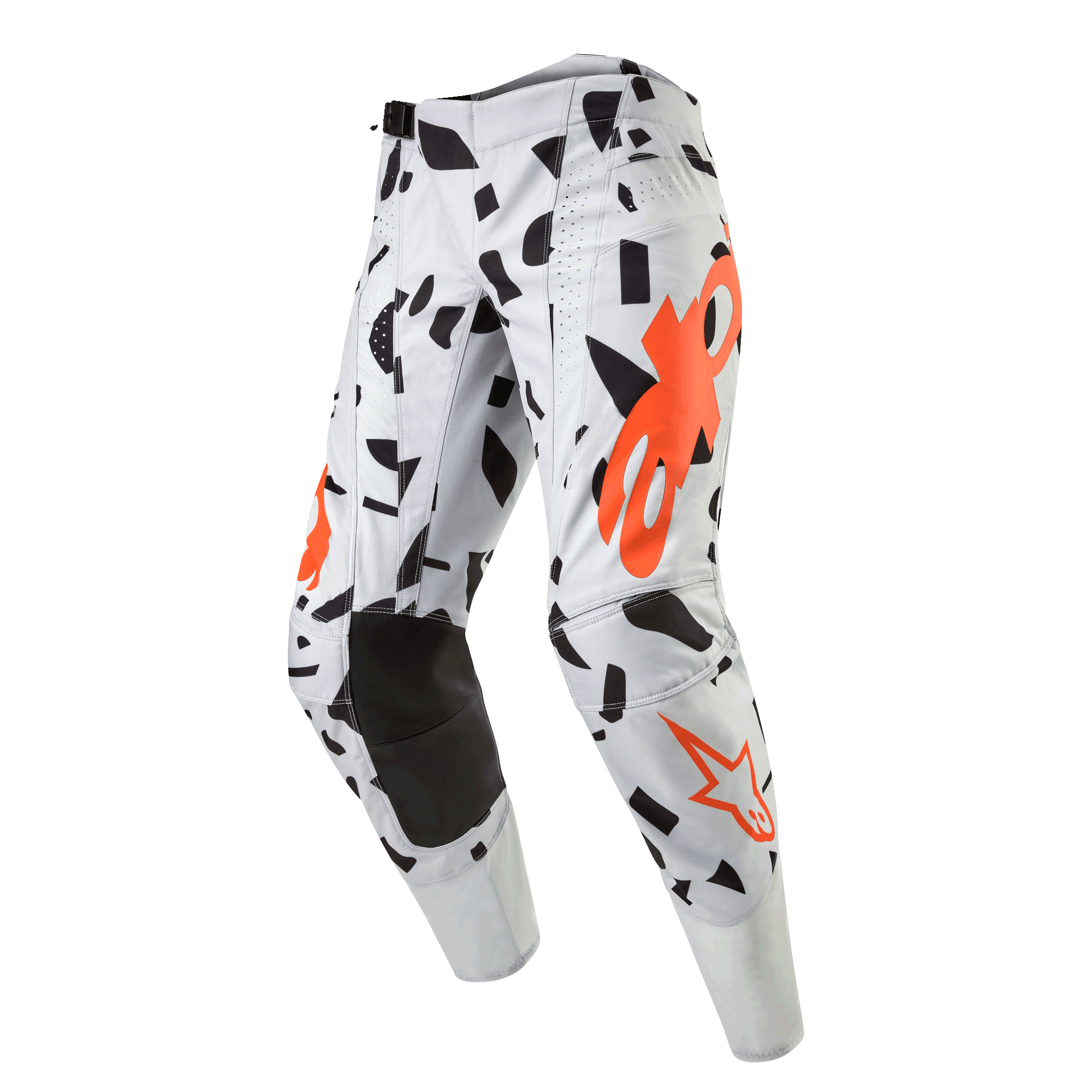 Alpinestars 2024 Techstar Rantera byxor, motocrossbyxor, Haze Gray Camo, ljusgrå med svarta abstrakta former och orange logotyper, förstärkta svarta knän, professionell racingutrustning för terrängkörning