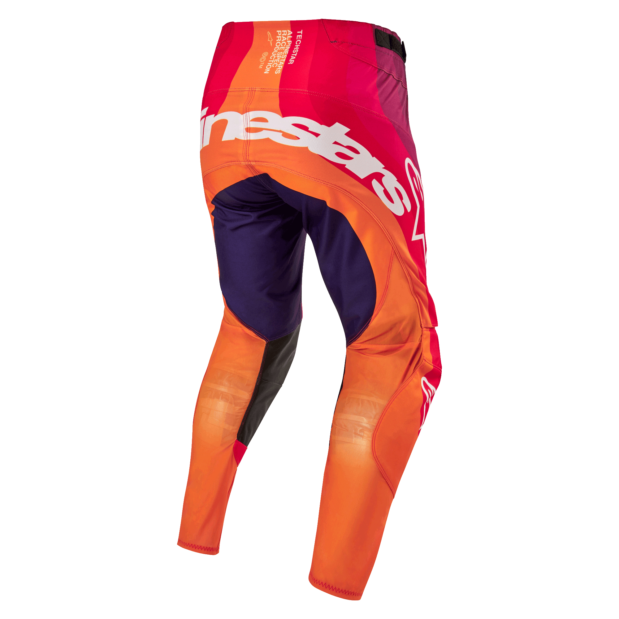 Alpinestars 2024 Techstar Pneuma byxor, motocrossbyxor, lila, orange och djupt blå, stor vit logotyp på baksidan, hållbart material med stretchzoner för maximal rörlighet vid terrängkörning.