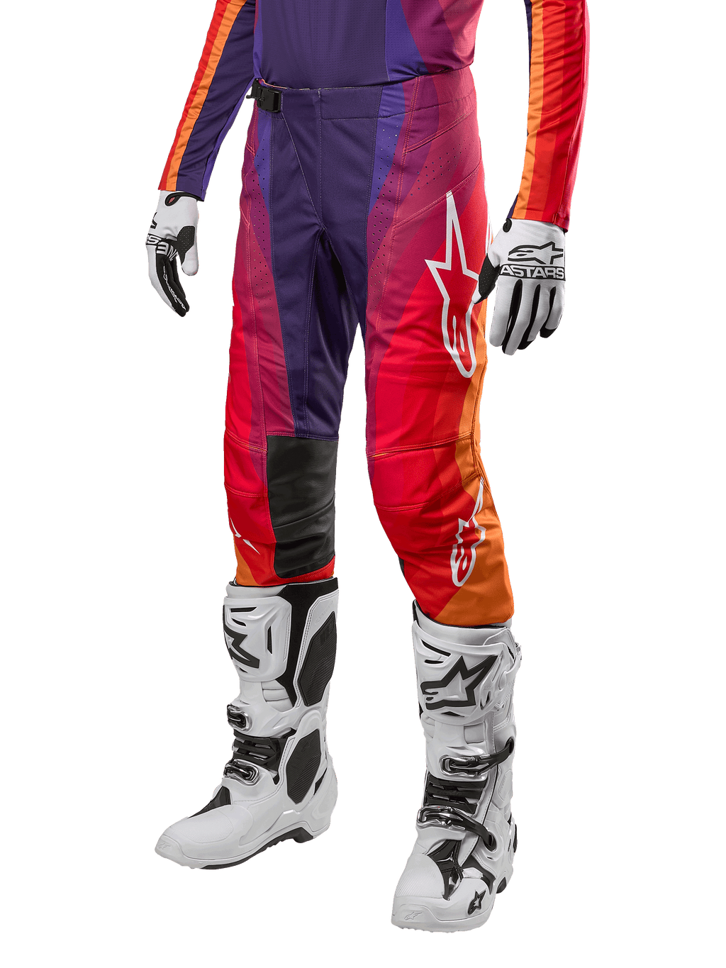 Alpinestars 2024 Techstar Pneuma byxor, motocrossbyxor, djupt lila med orange och mörkblå detaljer, vit A-star logotyp på låret, svarta läderpaneler vid knäna, högpresterande terrängutrustning