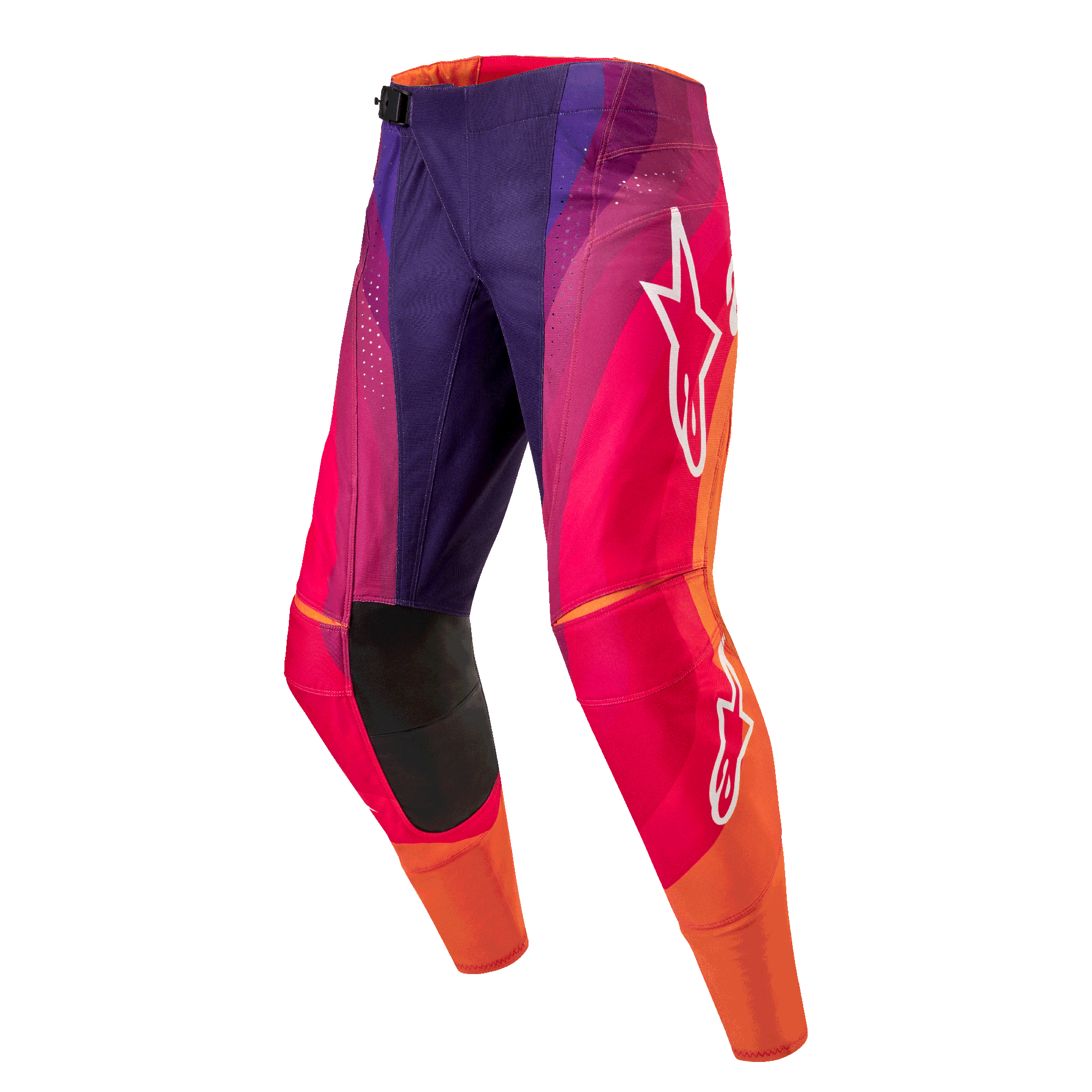 Alpinestars 2024 Techstar Pneuma byxor, motocrossbyxor, mörklila med orange och mörkblå detaljer, vita stjärnlogotyper på lår och smalben, svarta knäpaneler, hållbara och ventilerande material för terrängkörning.