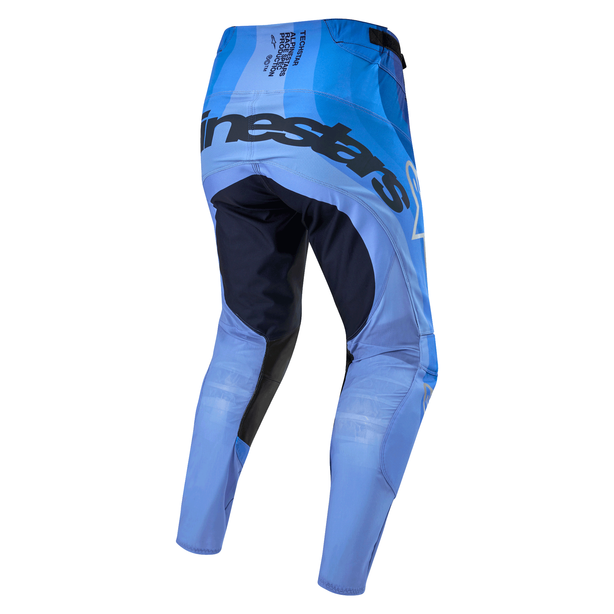 Alpinestars 2024 Techstar Pneuma byxor, motocrossbyxor, mörkblå och ljusblå, baksida med tydlig logotyp på sätet, mörkblå förstärkta paneler på insidan av låren och ljusblått lättviktschassi för terrängprestanda.