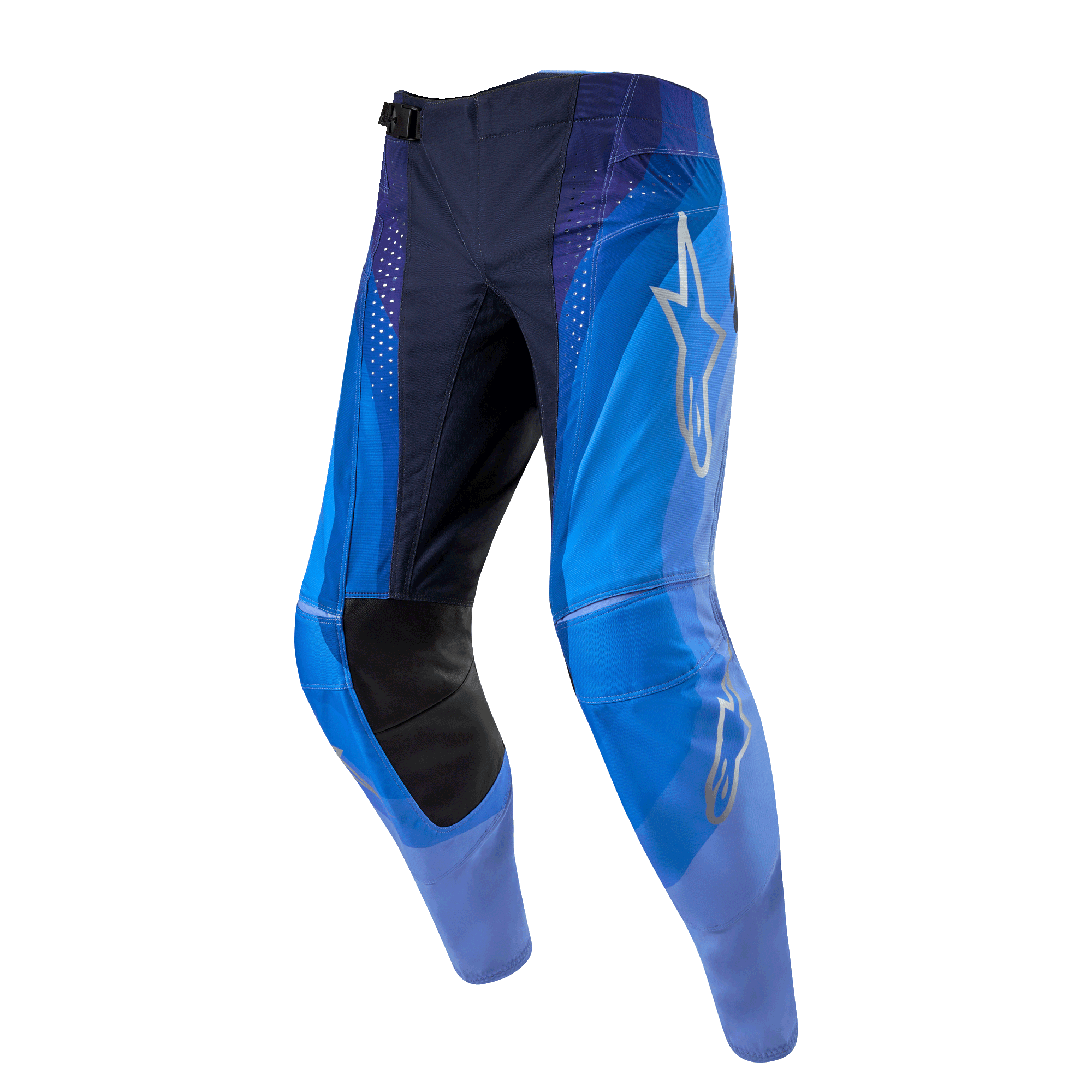 Alpinestars 2024 Techstar Pneuma-byxor, motocrossbyxor, mörkblå och ljusblå, med en silverfärgad Alpinestars-stjärnlogotyp på låret, svarta inre knäpaneler i läder och laserskurna ventilationsperforeringar.
