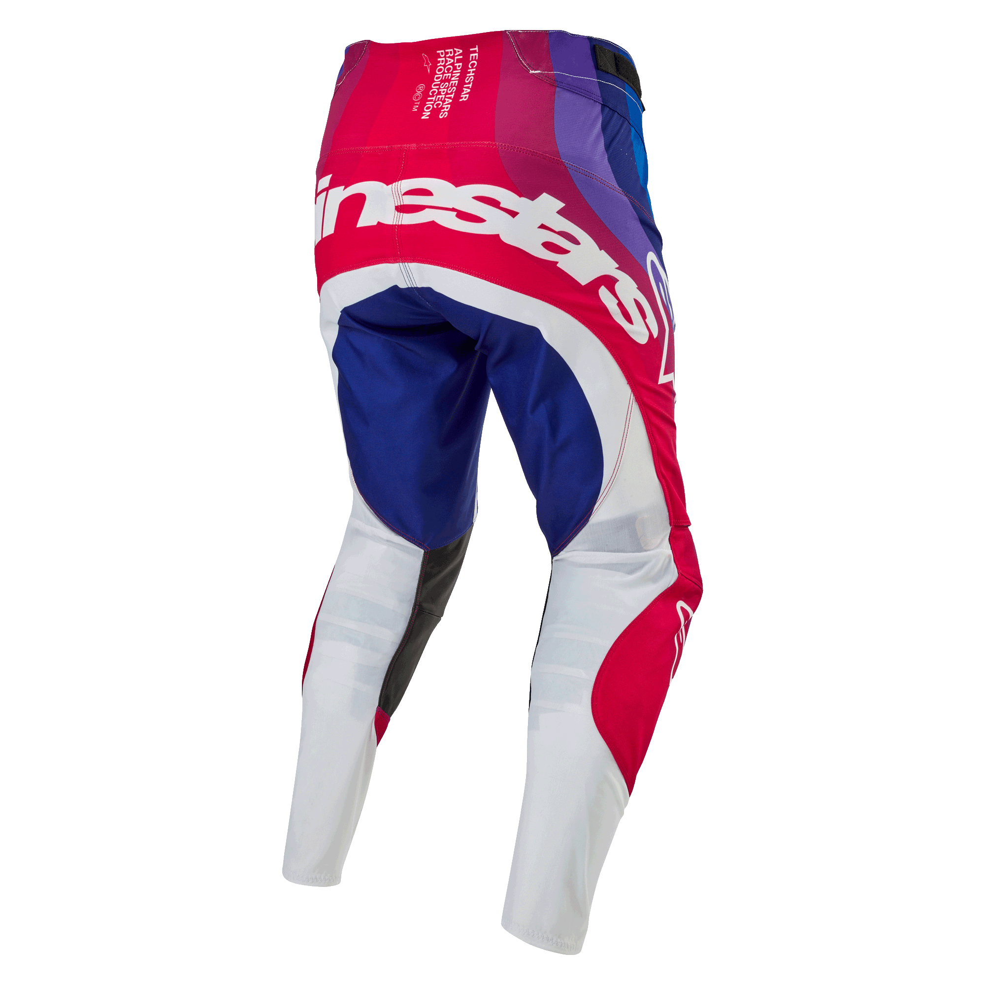 Alpinestars 2024 Techstar Pneuma byxor, motocrossbyxor, blå, röda och vita, vy bakifrån med stor vit Alpinestars-logotyp över sätet, blå och röda paneler med vita underben, hållbar design för terrängtävling