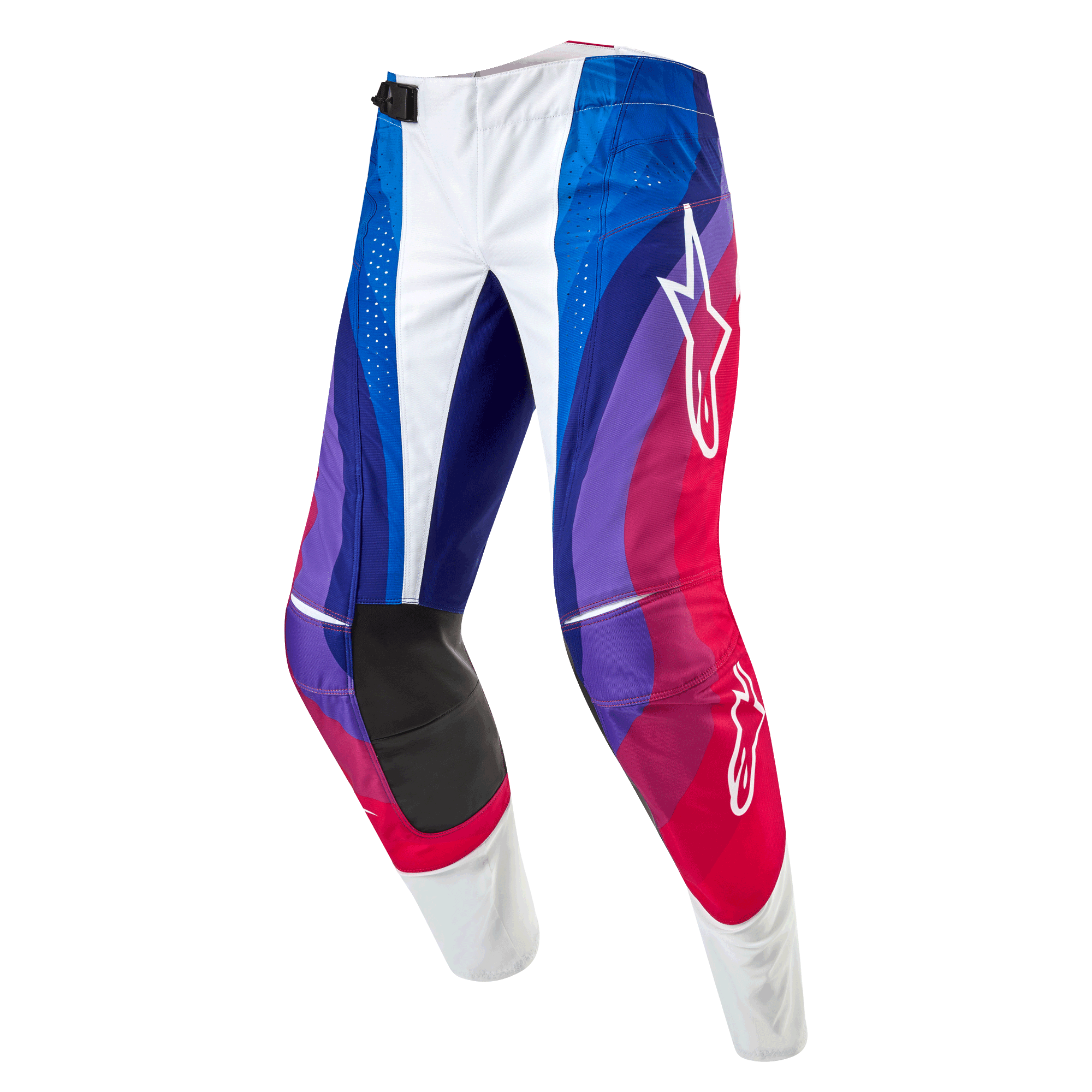 Alpinestars 2024 Techstar Pneuma byxor, motocrossbyxor, Blu Mars Red White, med ett dynamiskt vågmönster i nyanser av blått, lila och rött, vita Alpinestars-logotyper och slitstarka svarta knäpaneler på insidan