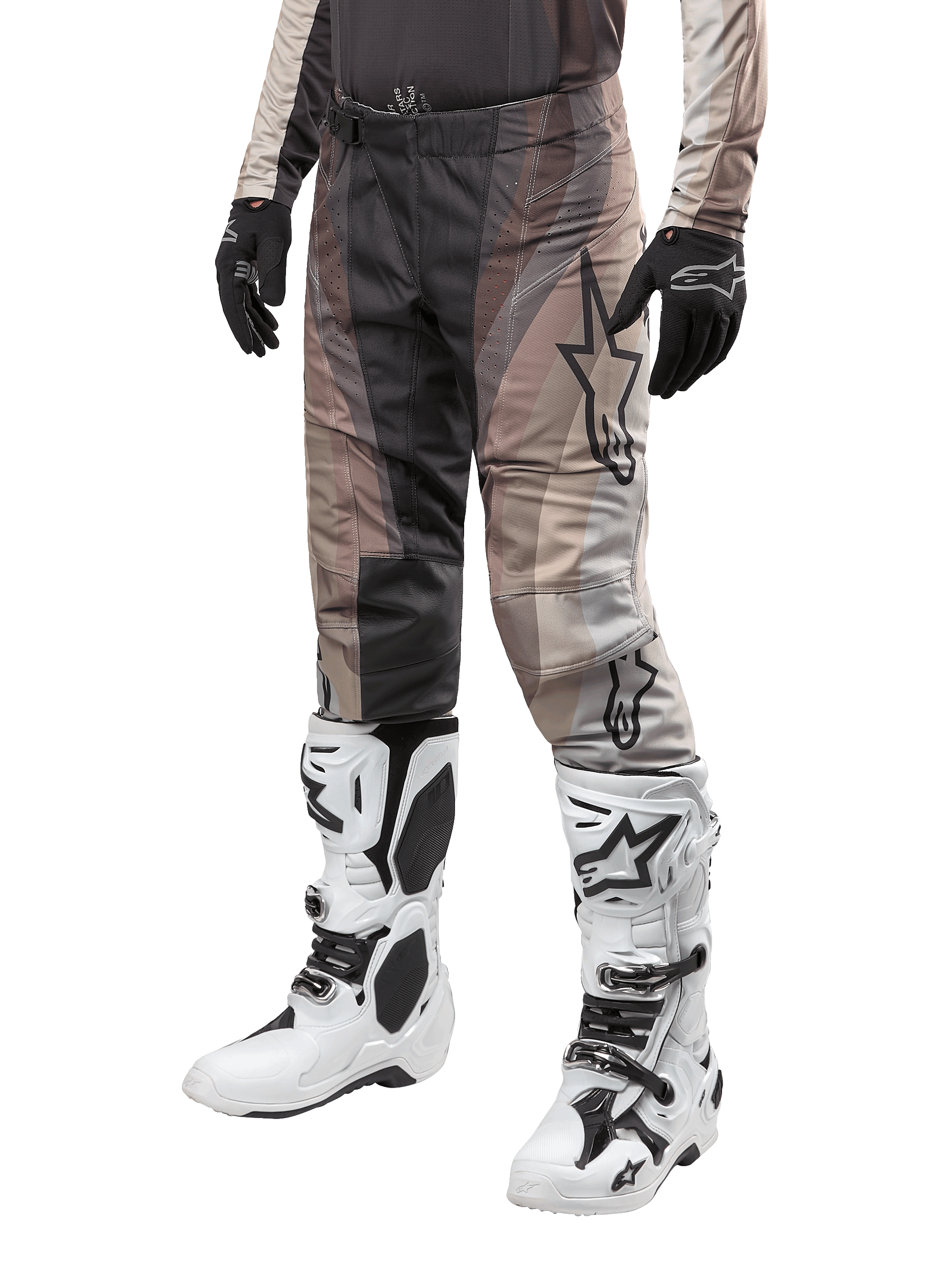 Alpinestars 2024 Techstar Pneuma Pants, Motocross Pants, Dark Sand and Iron Dust Gray, worn with white and black boots and black gloves, featuring a wavy pattern with a large star logo, durable gear for off-road racing