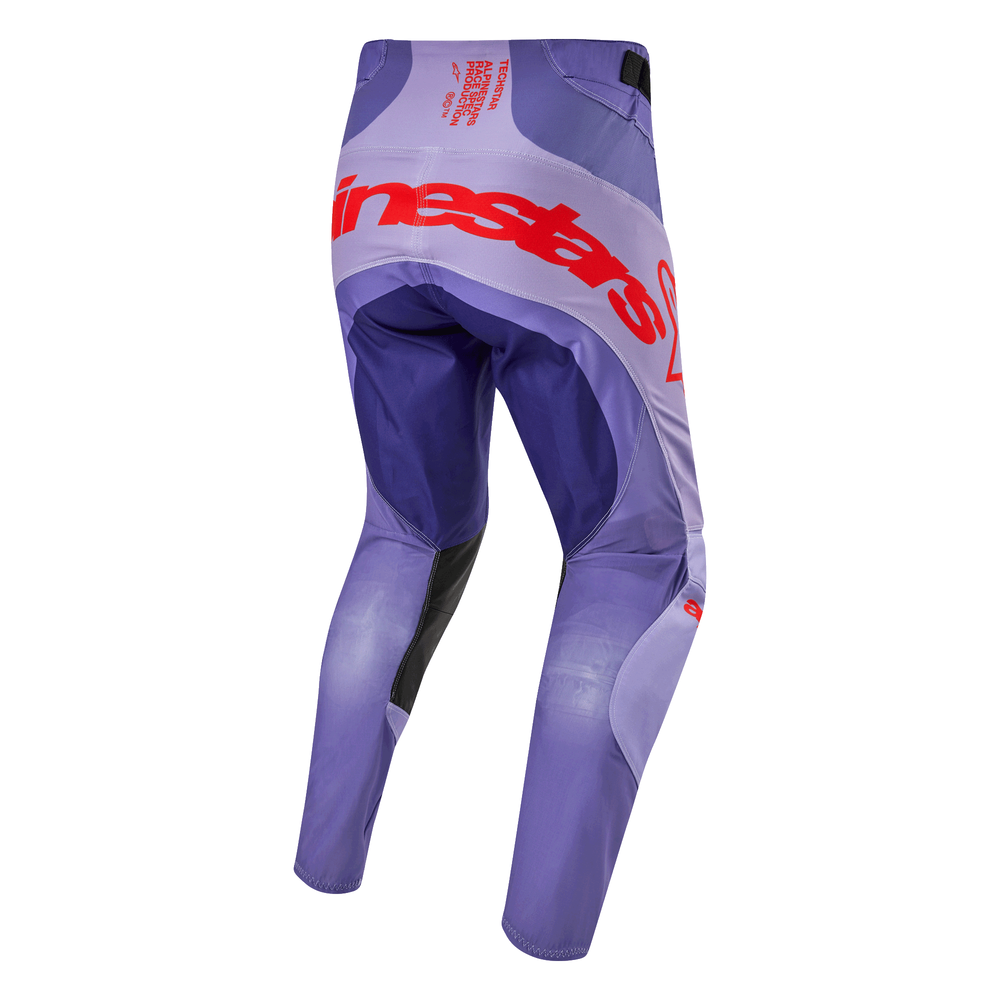 Alpinestars 2024 Techstar Ocuri byxor, lila motocrossbyxor sedda bakifrån med stor orange logotyp över sätet, ventilationspaneler och slitstarka material för terrängkörning
