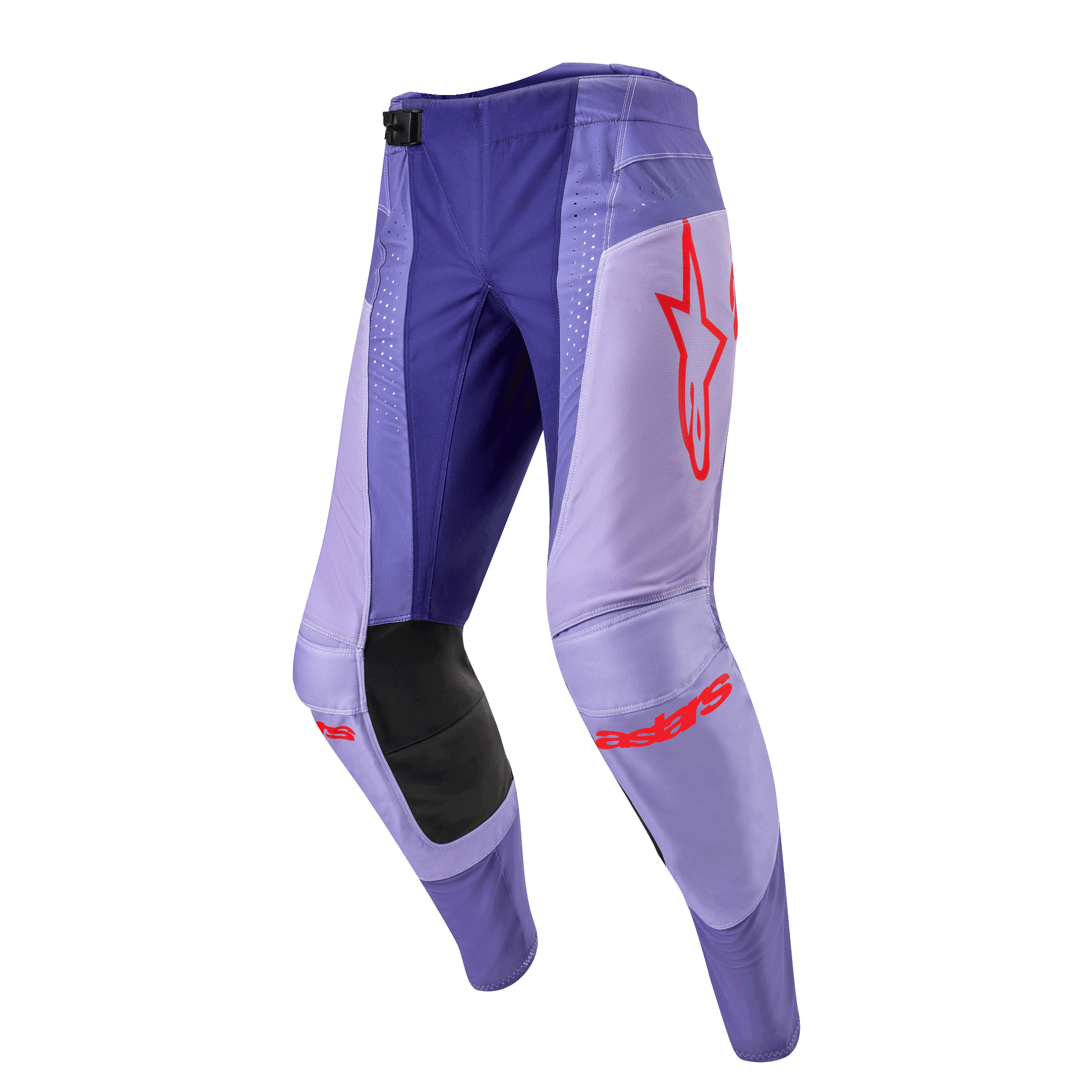 Alpinestars 2024 Techstar Ocuri byxor, motocrossbyxor i lila med neonorange detaljer, röd stjärnlogotyp på låret, svarta förstärkningar vid knäna, laserperforeringar för ventilation, hållbart stretchmaterial för terrängkörning.