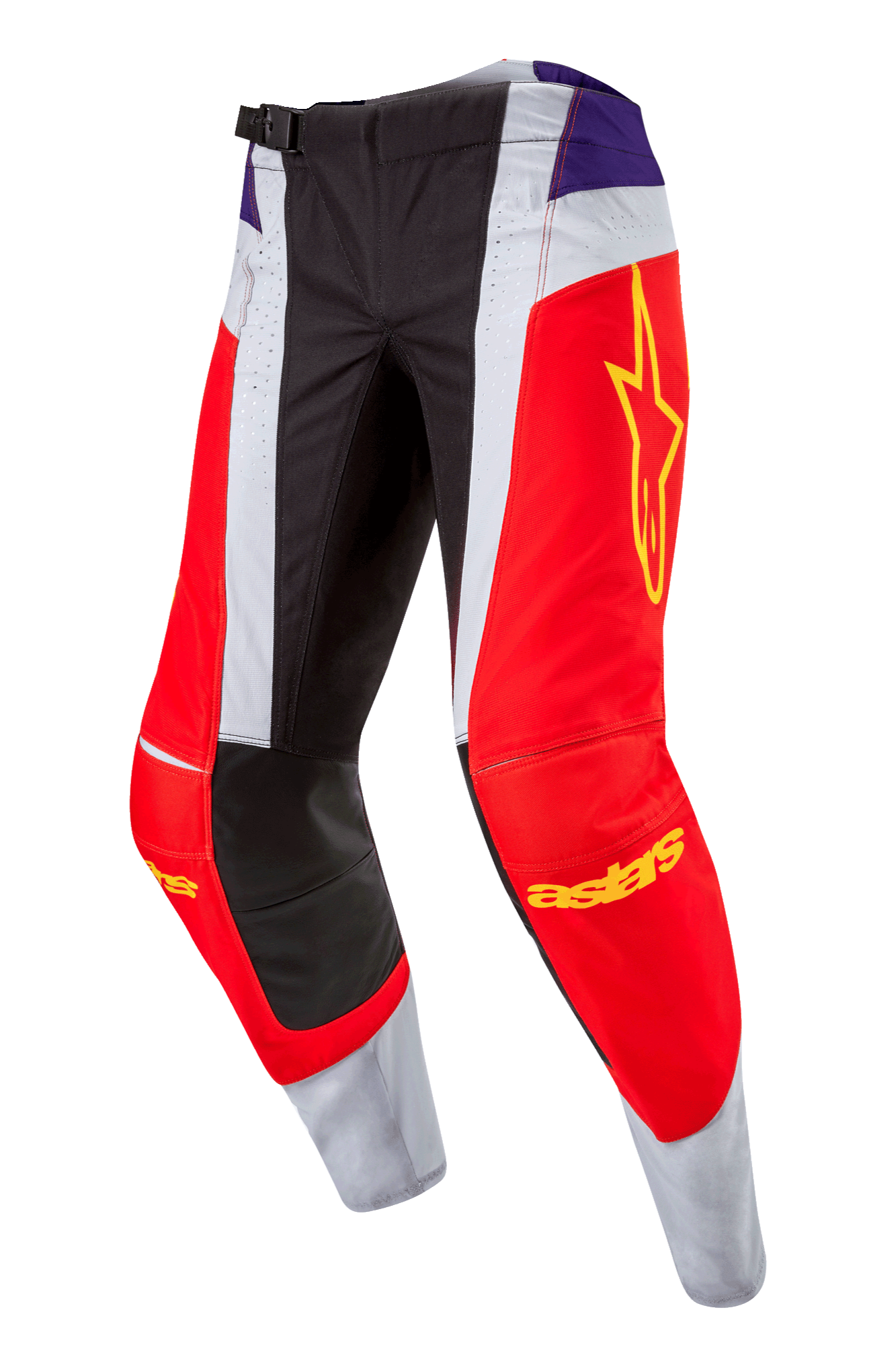 Alpinestars 2024 Techstar Ocuri Pants, Motocross Pants, Hot Orange Purple Black, featuring red and white panels, purple hip accents, yellow star logo on the thigh, black reinforced knees, athletic design for off-road racing
