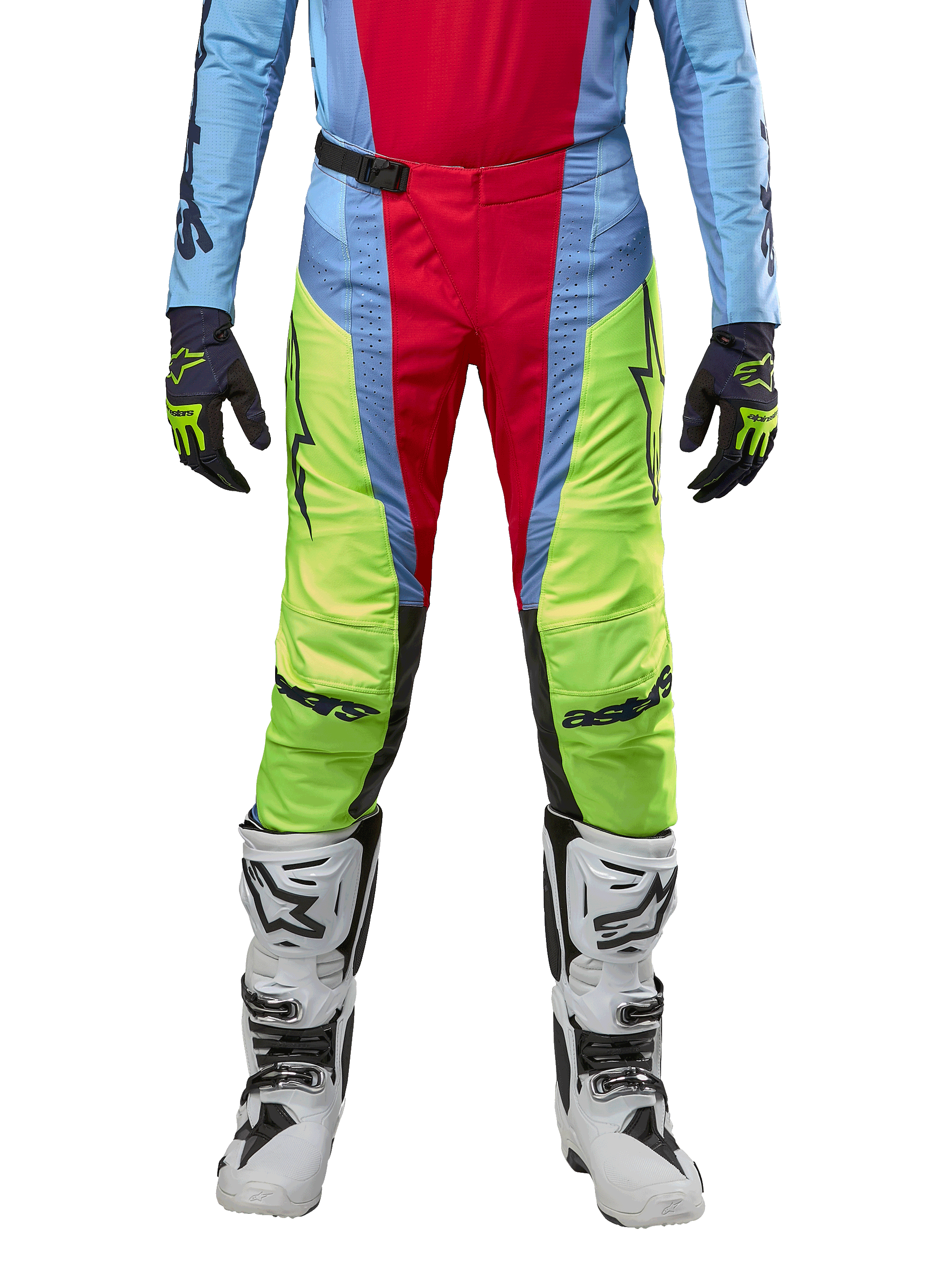Alpinestars 2024 Techstar Ocuri byxor, motocrossbyxor, ljusblå, gul fluo och bärröd, bärs med matchande tröja och vita motocross-stövlar, med livfulla färgblockerade paneler och svarta logotyper, slitstark design med racingpassform