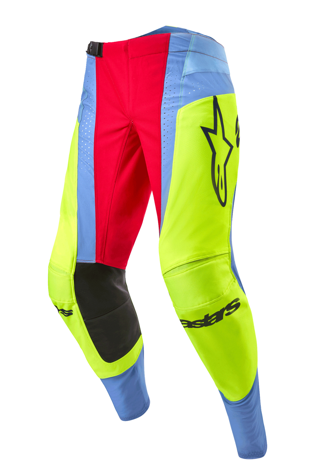 Alpinestars 2024 Techstar Ocuri byxor, motocrossbyxor, ljusblå, neongula och röda, med svarta innerpaneler vid knäna, framträdande Alpinestars-logotyp och livfulla flerfärgade paneler för terrängkörning