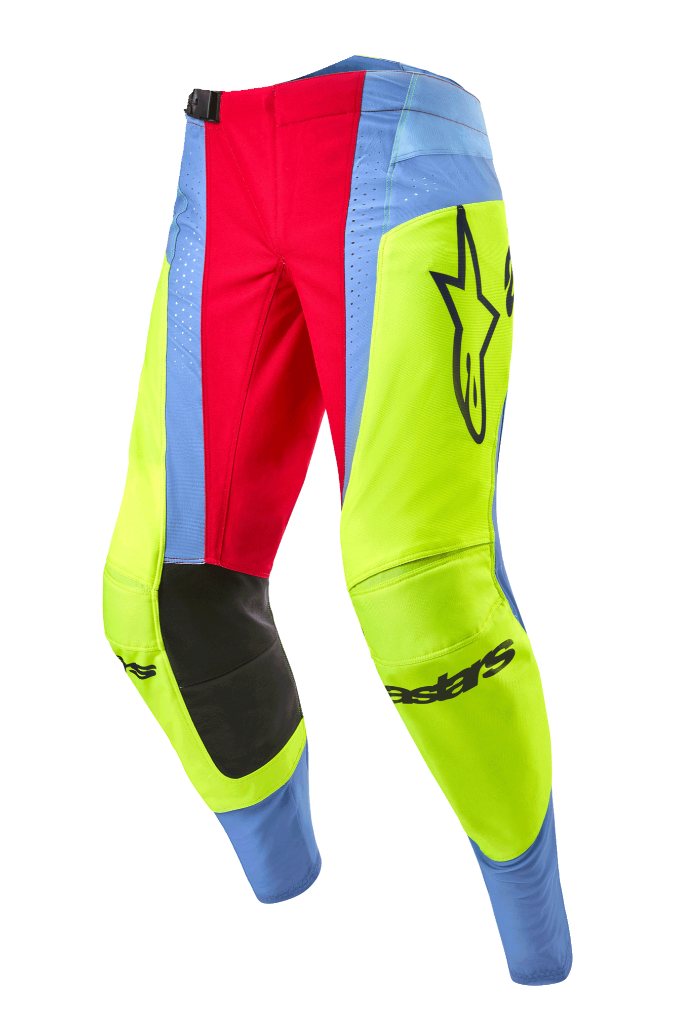 Alpinestars 2024 Techstar Ocuri byxor, motocrossbyxor, ljusblå, neongula och röda, med svarta innerpaneler vid knäna, framträdande Alpinestars-logotyp och livfulla flerfärgade paneler för terrängkörning