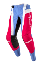 Alpinestars 2024 Techstar Ocuri Pants, Motocross Pants, Light Blue Mars Red and White, featuring vibrant red panels with a white star logo, black inner knee reinforcements, and white perforated vertical stripes for airflow.