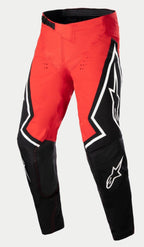 Alpinestars Techstar Acumen LE byxor, motocrossbyxor, röda, svarta och vita, med en röd övre del och svarta nedre bensektioner, vita stjärnlogotyper på sidorna och ett svart justerbart midjespänne, hållbar racingutrustning för terrängkörning