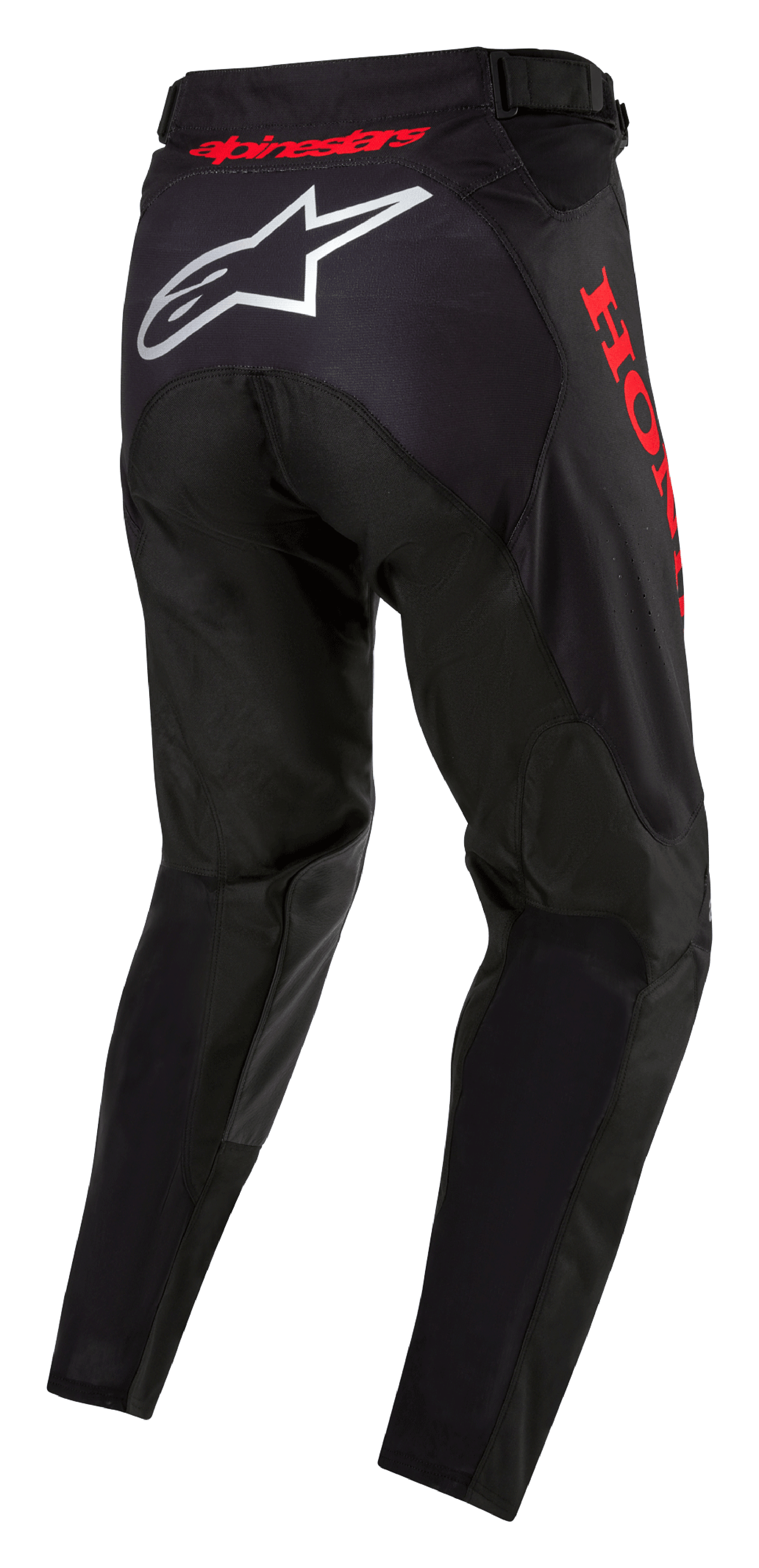 Honda Racer Iconic byxor, motocrossbyxor, svarta och röda, vy bakifrån med vit Alpinestars-logotyp på sätet och röd Honda-logotyp på sidan, ergonomisk design med röd logotyp i linningen för terrängkörning