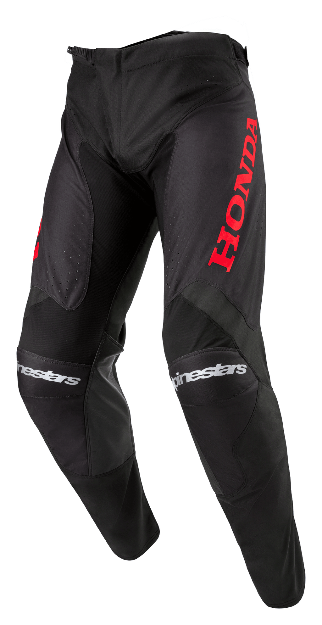 Alpinestars Honda Racer Iconic byxor, motocrossbyxor, svarta med röd branding, med en stor röd Honda-logotyp på låret och vit Alpinestars-text på knäna, sportig skärning för offroad-prestanda