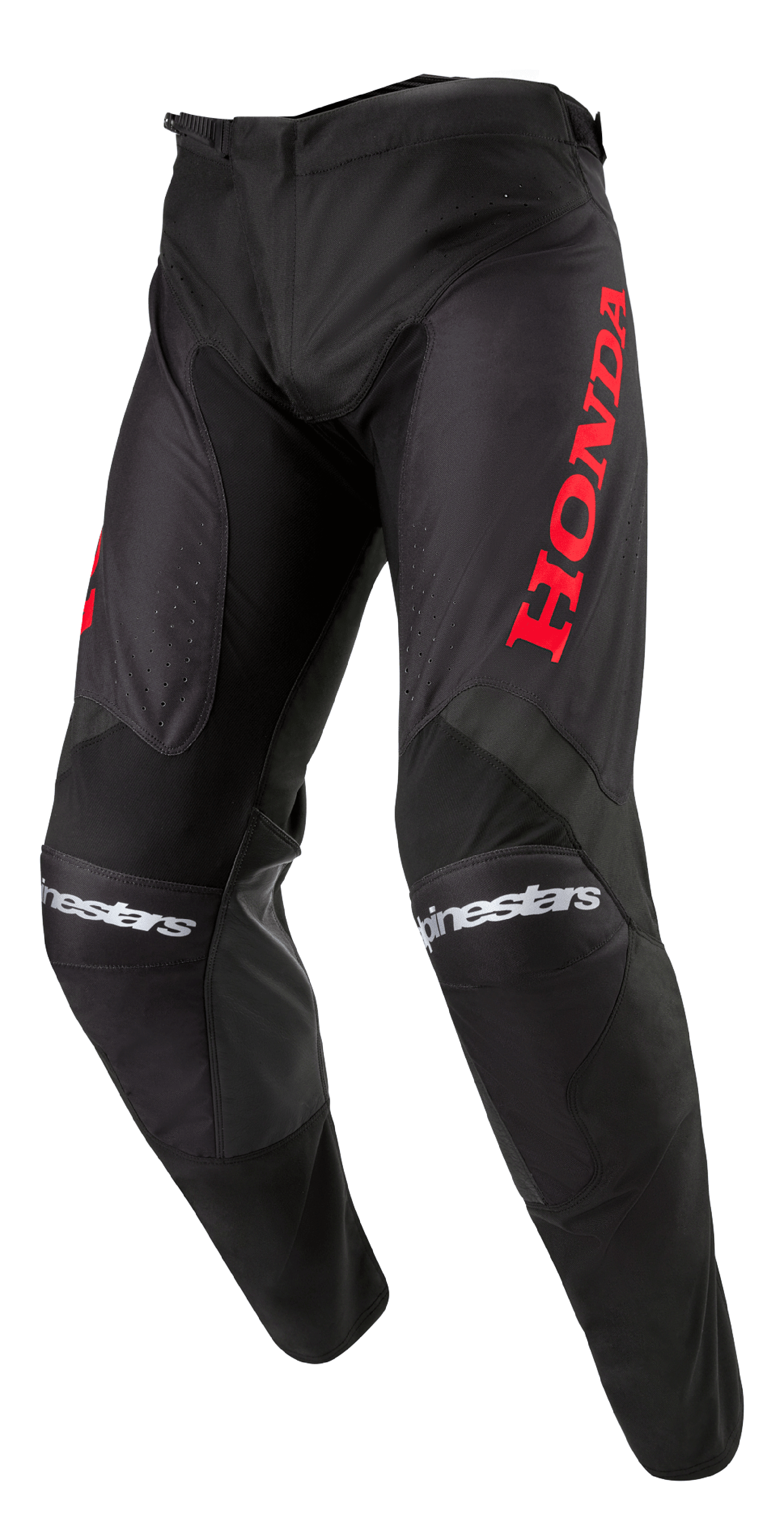Alpinestars Honda Racer Iconic byxor, motocrossbyxor, svarta med röd branding, med en stor röd Honda-logotyp på låret och vit Alpinestars-text på knäna, sportig skärning för offroad-prestanda