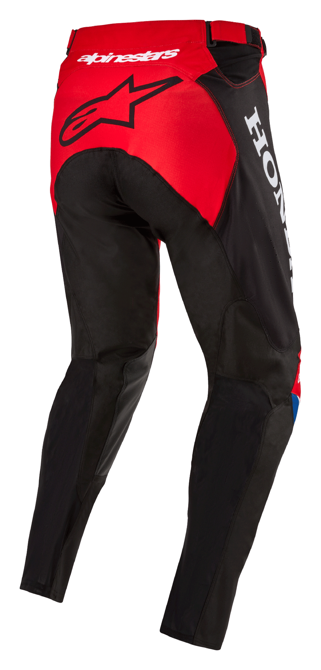 Alpinestars Honda Racer Iconic-byxor, motocrossbyxor, klarröda, svarta och vita, vy snett bakifrån som visar röd sätespanel med svart stjärnlogotyp, vit Honda-logotyp på sidan och slitstark sportskuren textilkonstruktion för offroad-racing