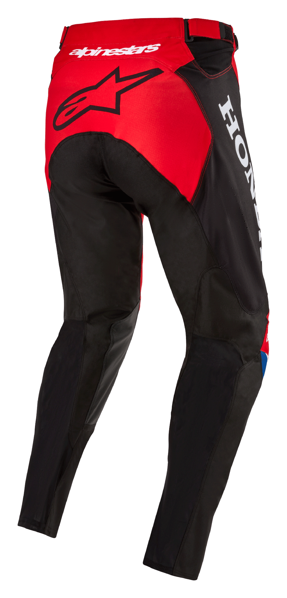 Alpinestars Honda Racer Iconic Pants, Motocross Pants, Bright Red Black and White, rear three-quarter view showing red seat panel with black star logo, white Honda branding on the side, and durable sport-cut textile construction for off-road racing