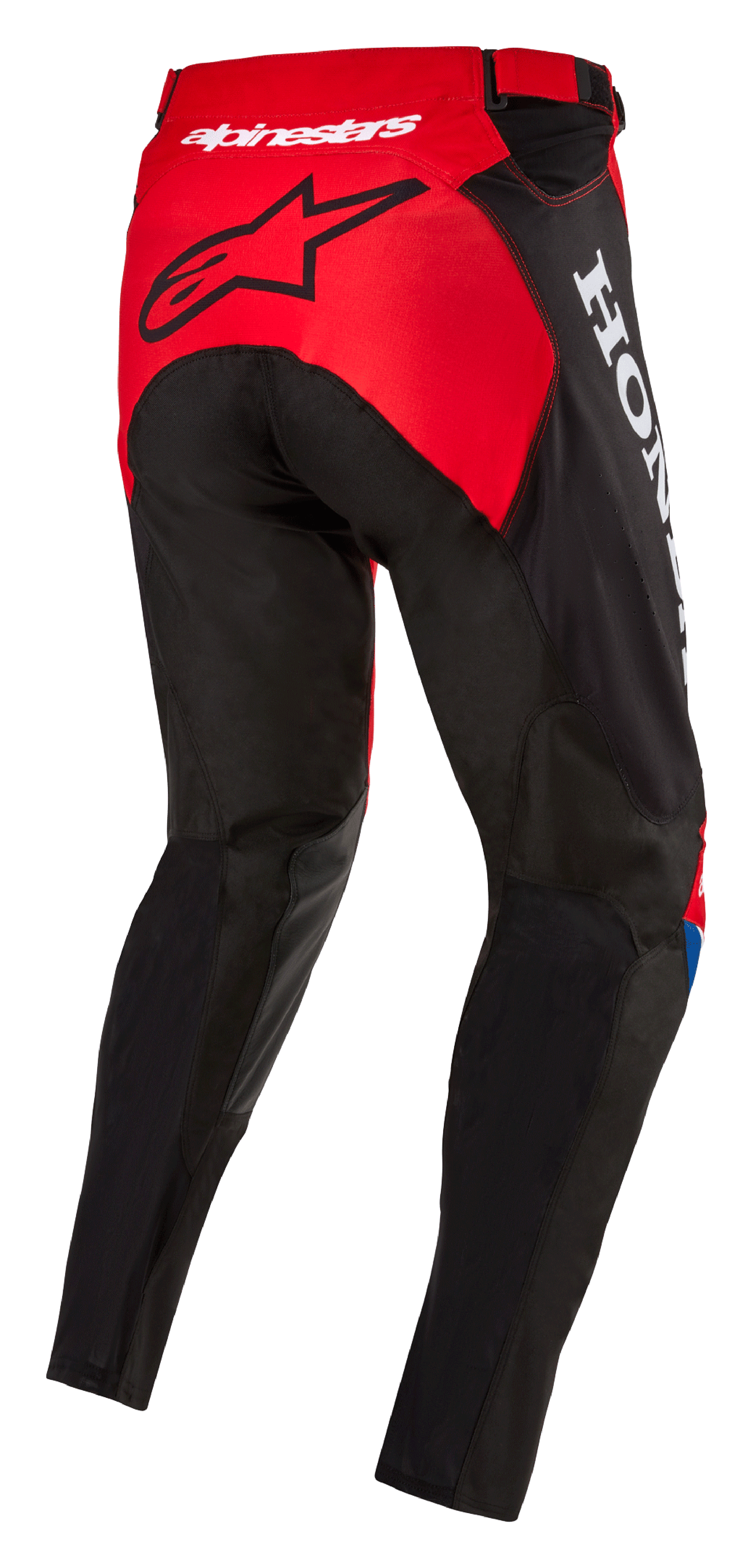 Alpinestars Honda Racer Iconic-byxor, motocrossbyxor, klarröda, svarta och vita, vy snett bakifrån som visar röd sätespanel med svart stjärnlogotyp, vit Honda-logotyp på sidan och slitstark sportskuren textilkonstruktion för offroad-racing