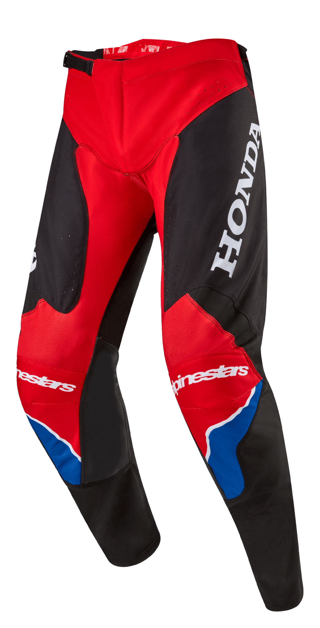 Alpinestars Honda Racer Iconic-byxor, motocrossbyxor, klarröda, svarta och vita med blå detaljer, stor vit HONDA-logotyp på låret, Alpinestars-logotyper på knäna, ergonomisk förböjd benkonstruktion och justerbart spännlås i midjan