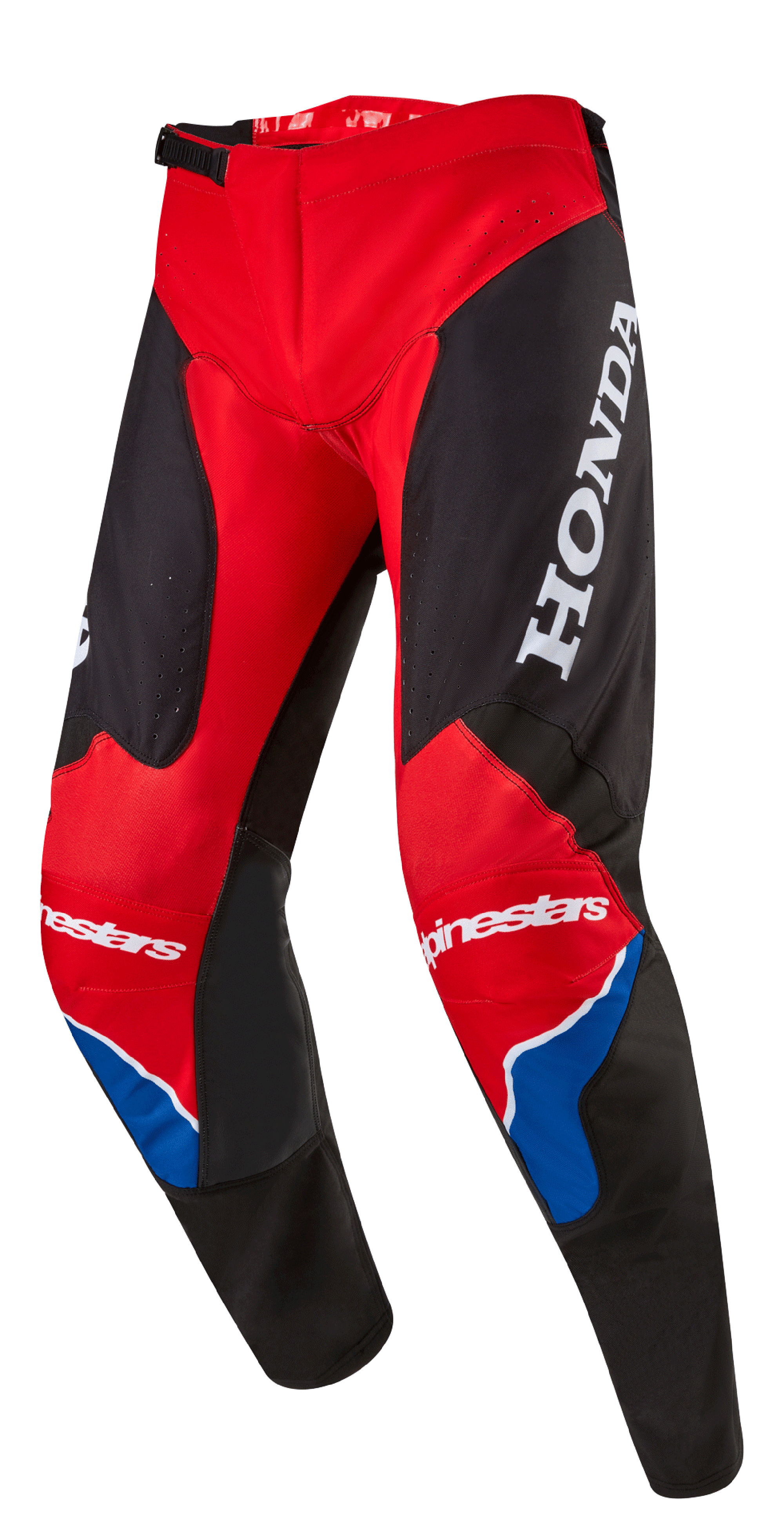 Alpinestars Honda Racer Iconic-byxor, motocrossbyxor, klarröda, svarta och vita med blå detaljer, stor vit HONDA-logotyp på låret, Alpinestars-logotyper på knäna, ergonomisk förböjd benkonstruktion och justerbart spännlås i midjan
