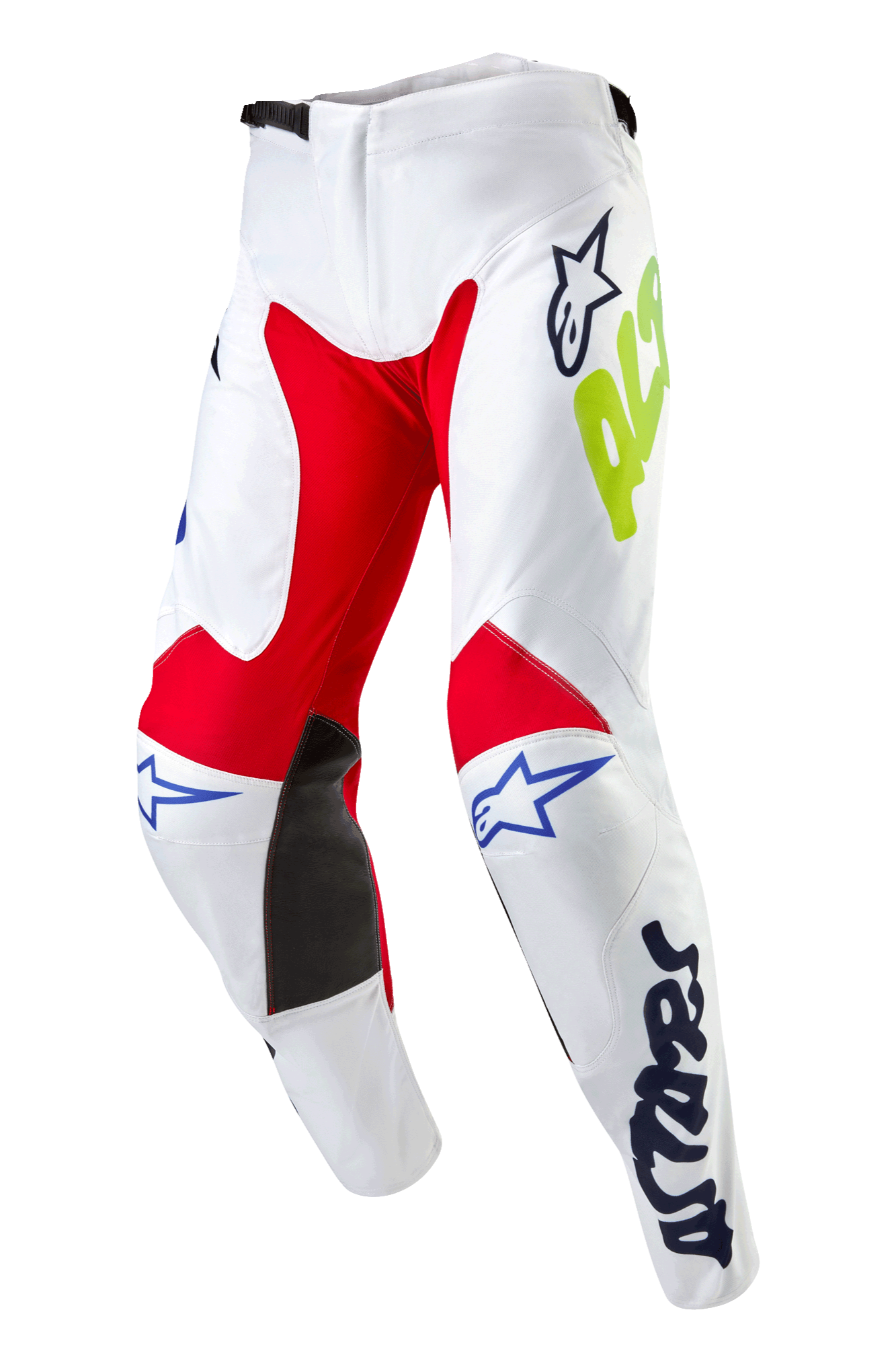 Alpinestars 2024 Racer Hana byxor, motocrossbyxor, vit multifärg med röda och svarta paneler på insidan av knäna, blå Astars-logotyper och neongul logotyp, förböjd design med midjestängning med spärrmekanism, slitstarkt textilmaterial för terrängkörning
